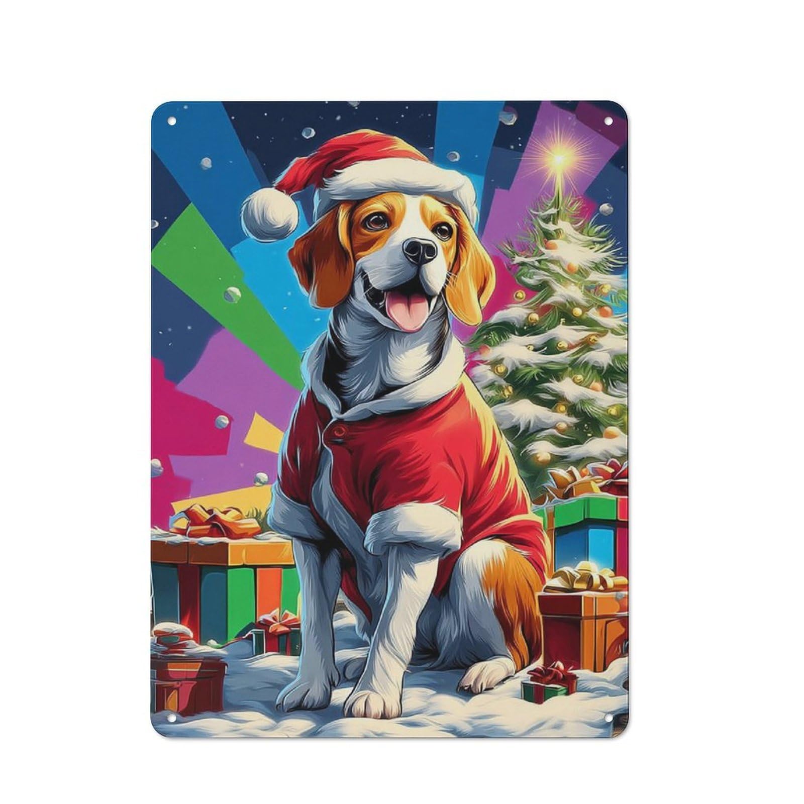 For Café Or Restaurant, Christmas Dog in Santa Outfit Rustic Metal Plaque 40x30cm, for Hospitality Interior Collectors Refreshing A Room in Autumn