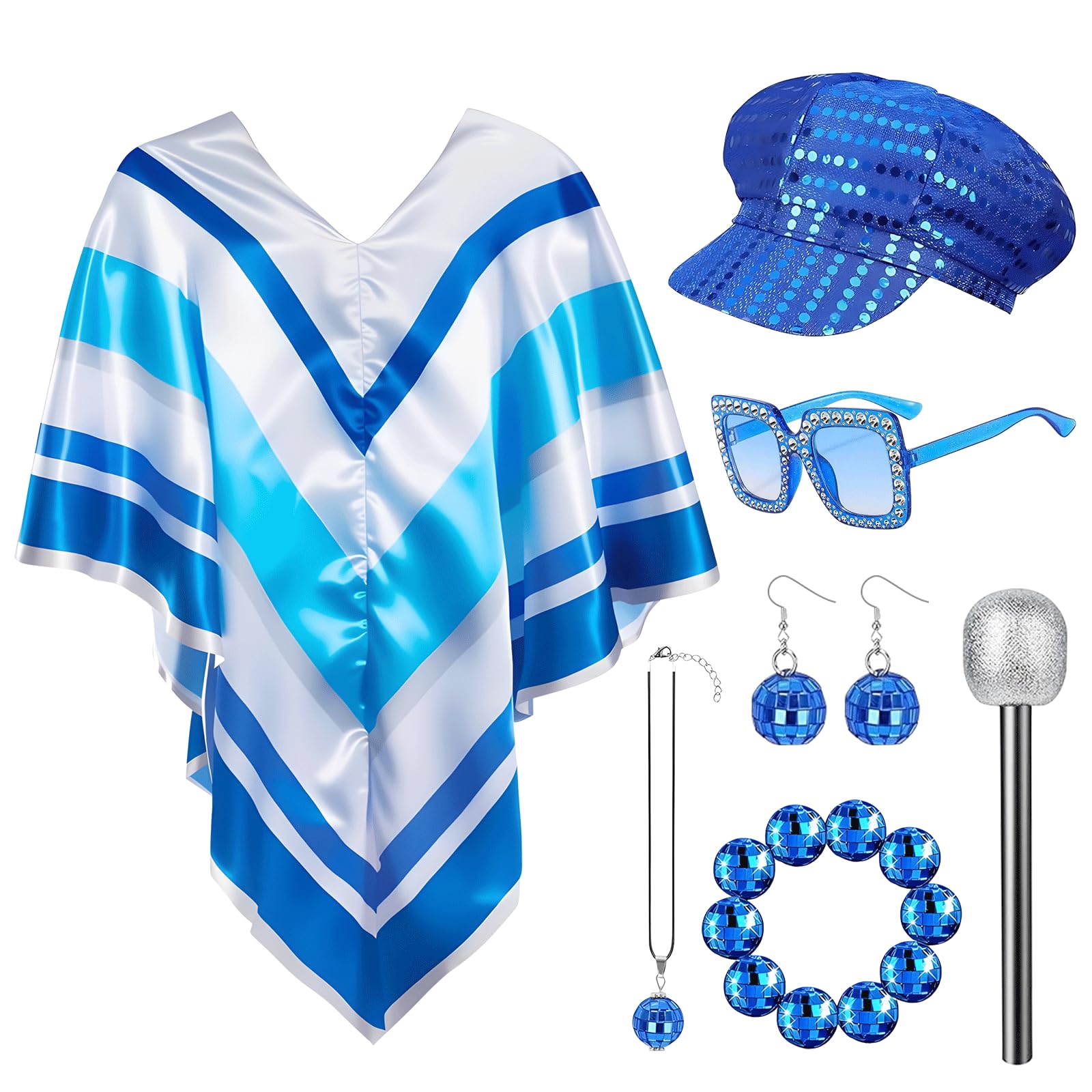 70s Disco Fancy Dress Set for Women 7PCS Retro Sequin Poncho Costume Accessories with Beret Hat, Square Sunglasses