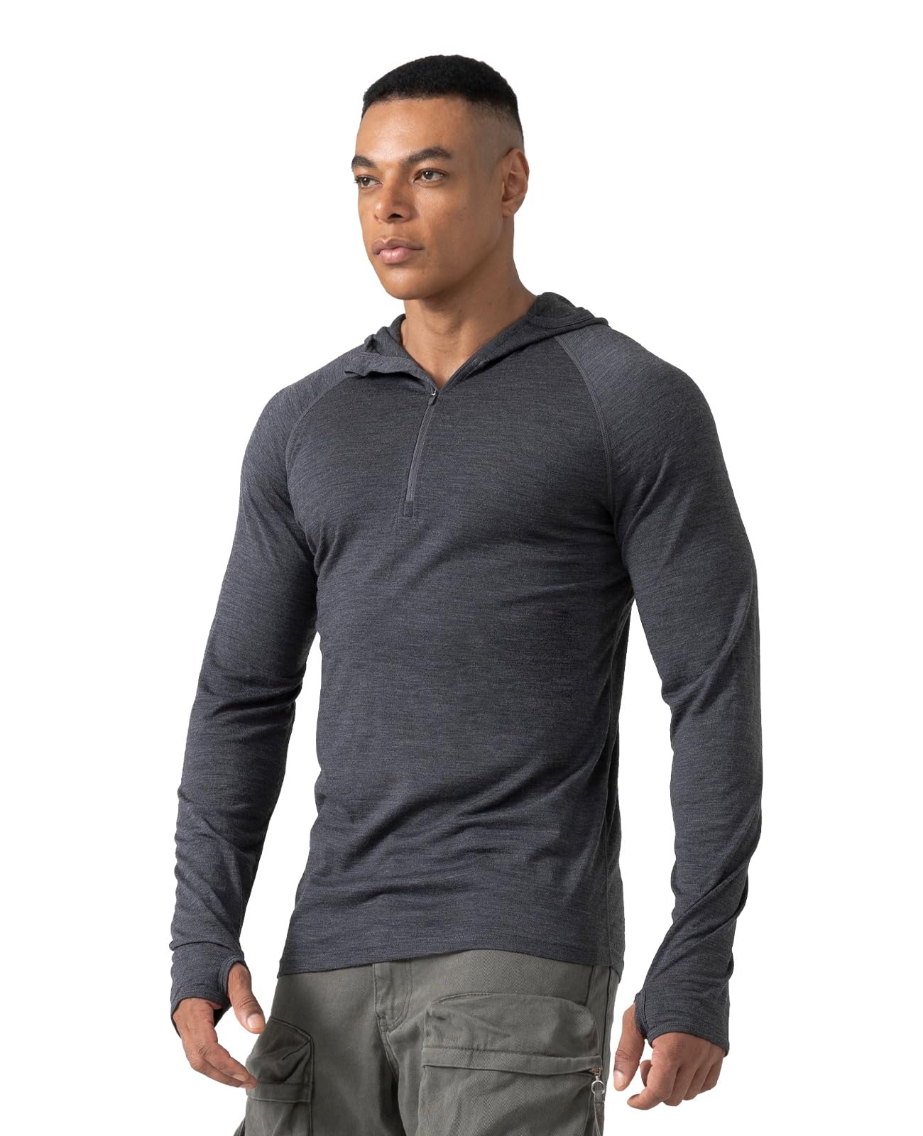 Merino Protect 100% Merino Wool Hoodie Mens Quarter Zip Base Layer Midweight Thermal Long Sleeve for Running Hiking