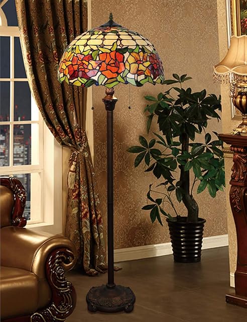 Gweat Tiffany Style 16 Inch Rose Stained Glass Lampshade Tall Floor Lamp Reading Lighting Art Deco Bedroom Living Room Study Restaurant Standing Lamp Gifts -2 Zipper Lamp Socket + Pedal Switch