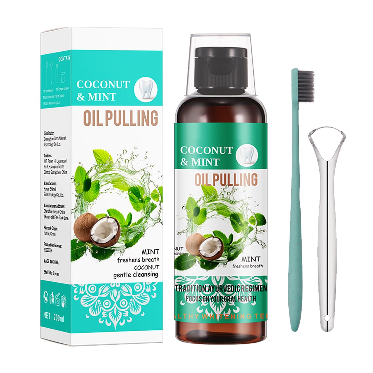 Coconut Pulling Oil, Natural Pulling Oil with Coconut for Teeth & Gum Health, Mouthwash Mint Oil Pulling with Tongue Scraper, Helps Freshen Breath and Whiten Teeth
