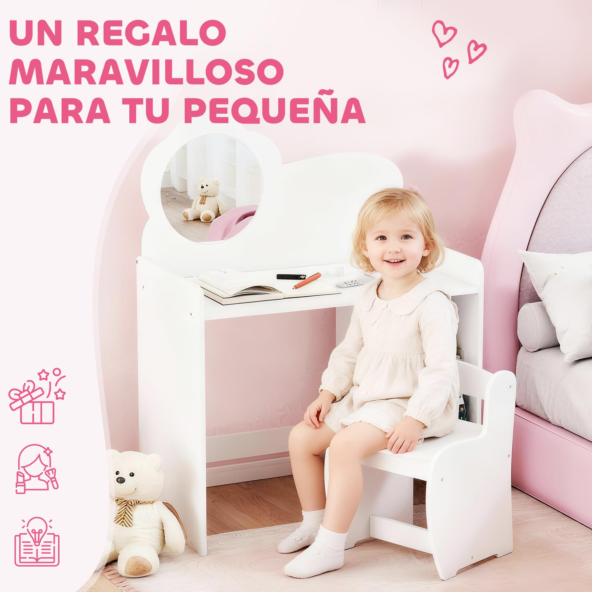 AIYAPLAY Tocador de Maquillaje Niña, 2 en 1, Escritorio, Tocador Infantil con Taburete, Espejo en Forma de Flor, Estantes Abiertos, para Niños +3 Años, Blanco