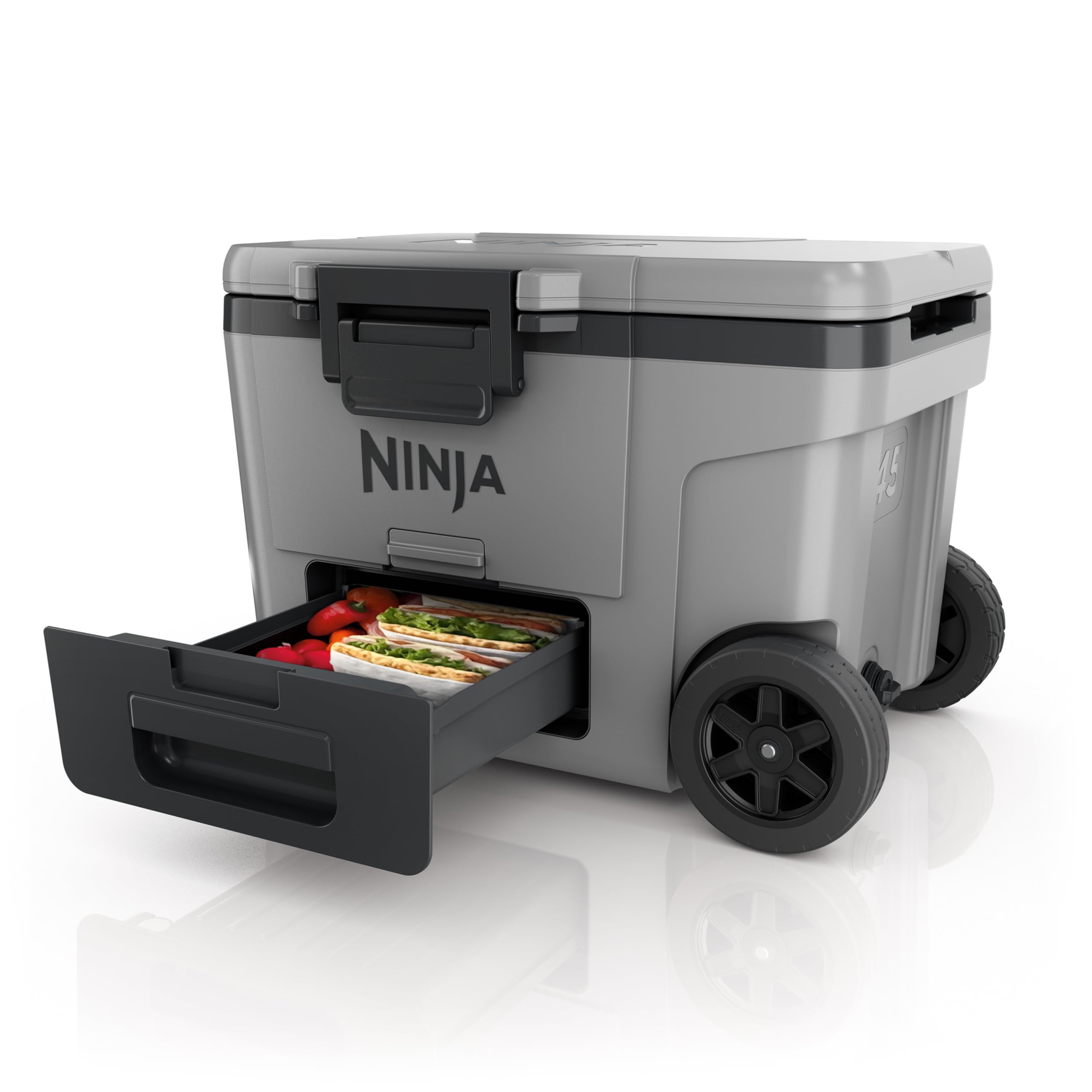 Ninja FrostVault Nevera portátil rígida, con Ruedas y cajón Dry Zone Integrado a Temperatura de frigorífico, Mantiene el Hielo Durante días, Capacidad para 68 latas, Gris Pizarra, FB245EUGY