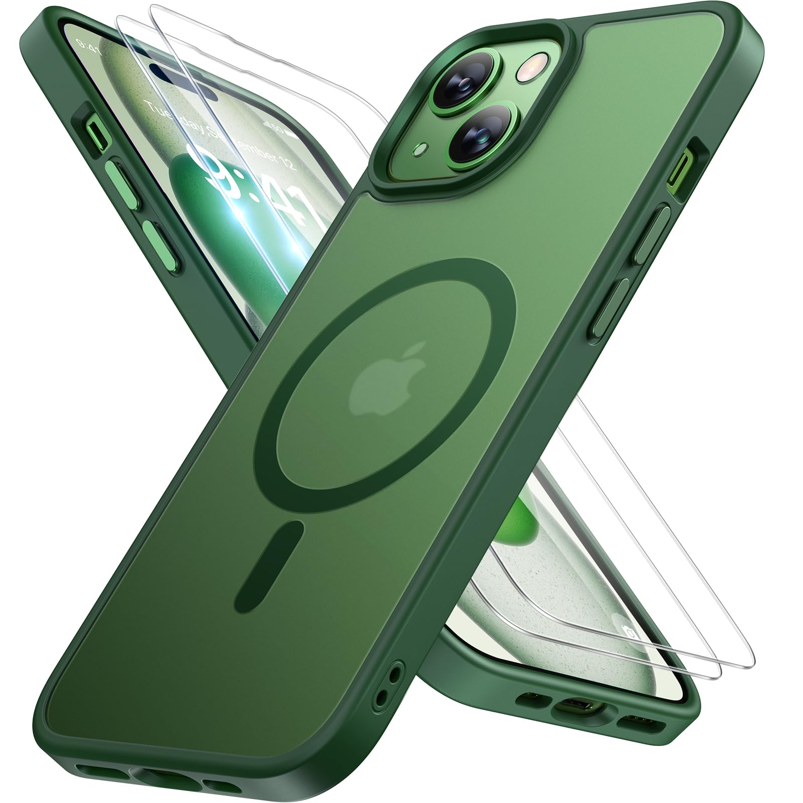 Miracase Magnetic for iPhone 15 Case (Compatible with MagSafe)（with 2X Screen Protectors） Military-Grade Protection, Anti-Fingerprint Translucent Matte Phone Cover for iPhone 15 6.1 inch, Dark Green