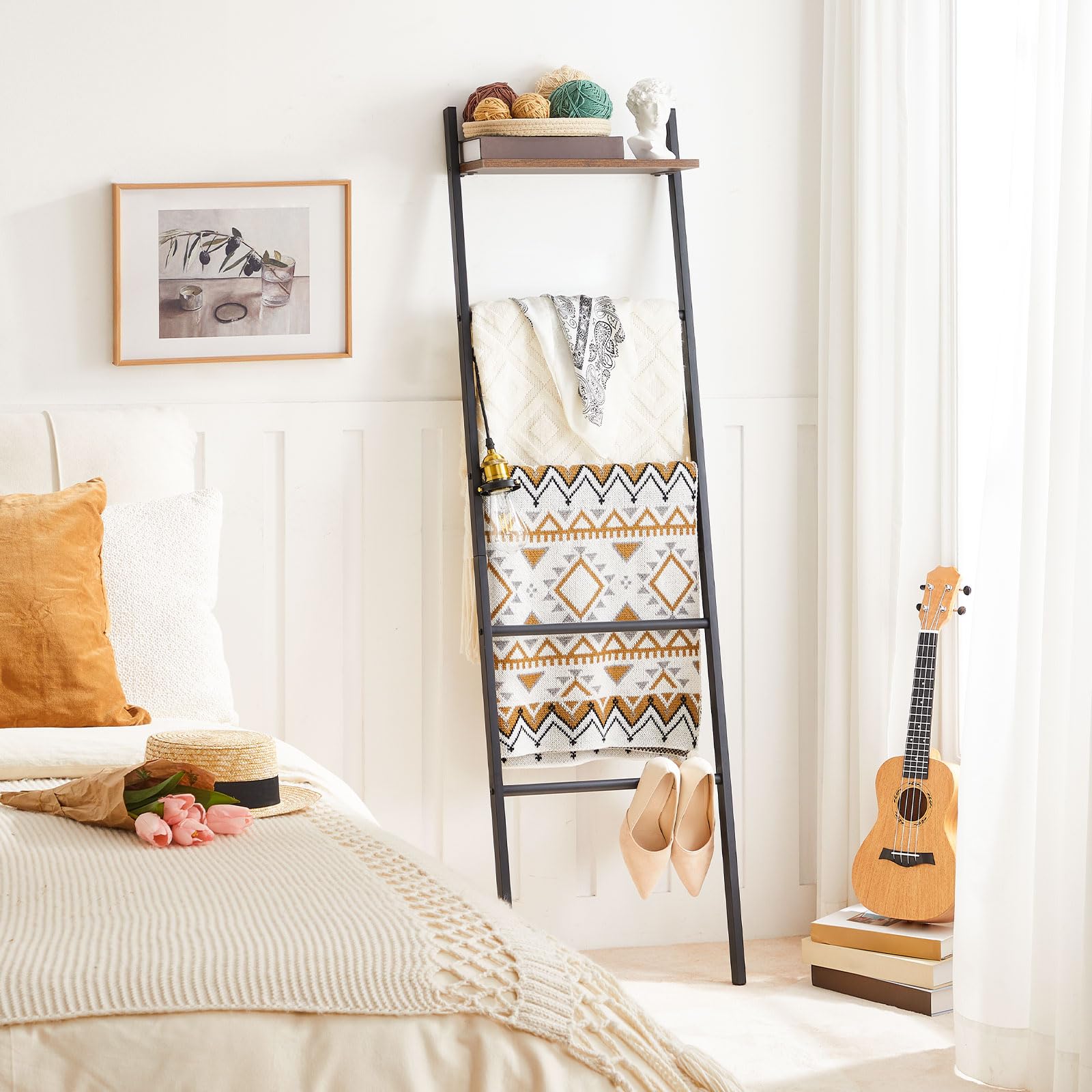 HOOBRO Porte-Serviettes, Étagère Échelle, 41 x 20 x 156 cm, Petits Espaces, Stable, praktisch, pour couvertures, vêtement, journaux, Marron Rustique et Noir EBF73CJ01G1