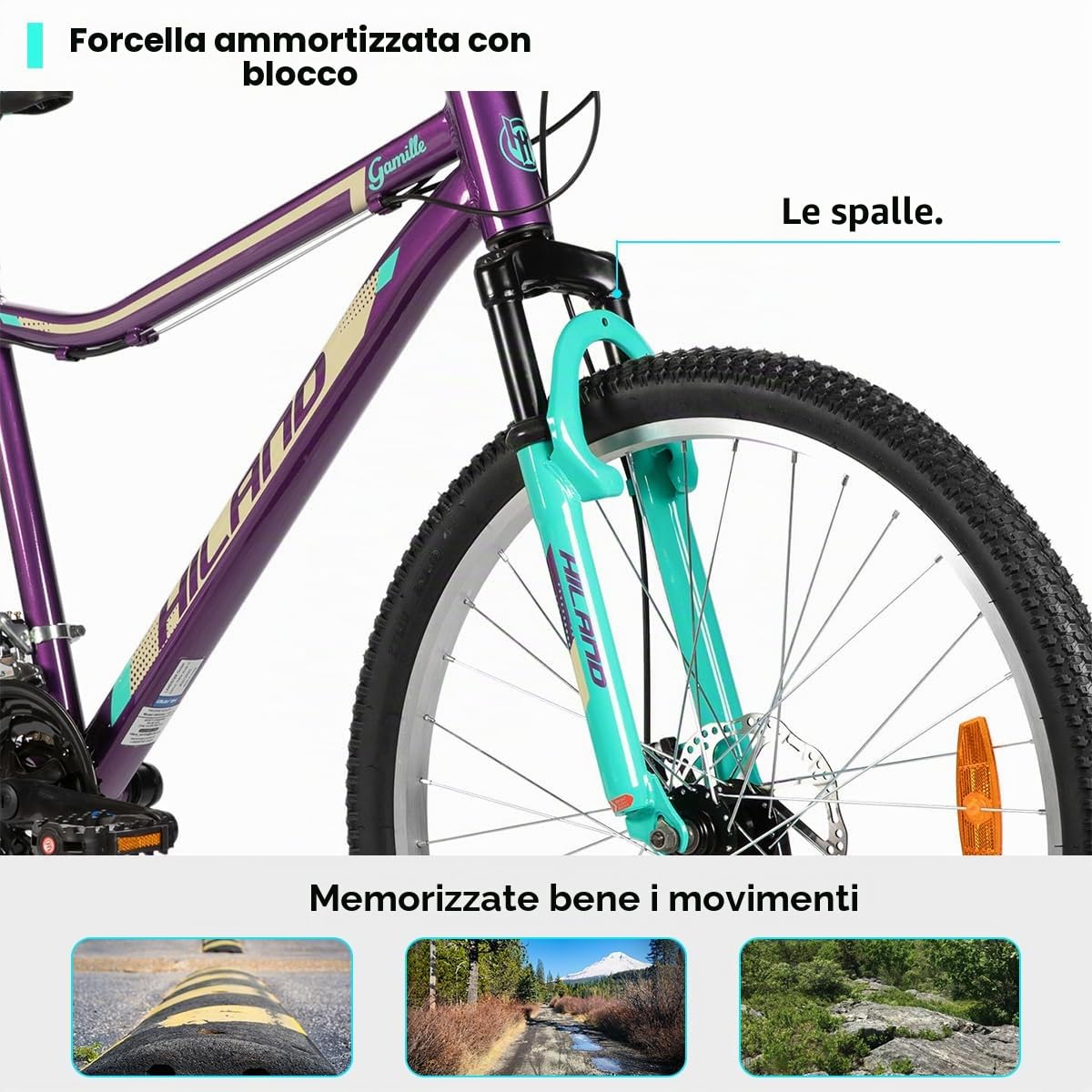 HILAND Mountain Bike Donna 26/27,5”, Telaio in Alluminio, MTB 18 Velocità per Donna e Ragazza, Freni a Disco Doppi, Forcella Ammortizzata, Verde Menta/Viola