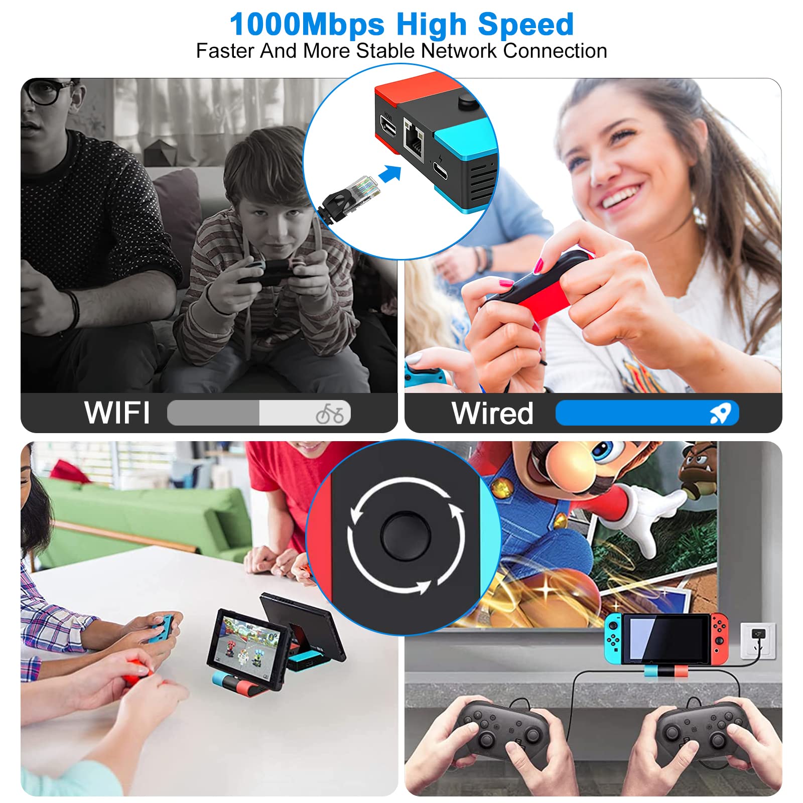 Switch TV Dock, Station d'accueil Switch Pliable pour NS Switch/OLED, Station de Recharge Portative Type C vers HDMI Switch Dock Set avec HDMI Ethernet RJ45 1000 Mbit et 2 Port USB 2.0