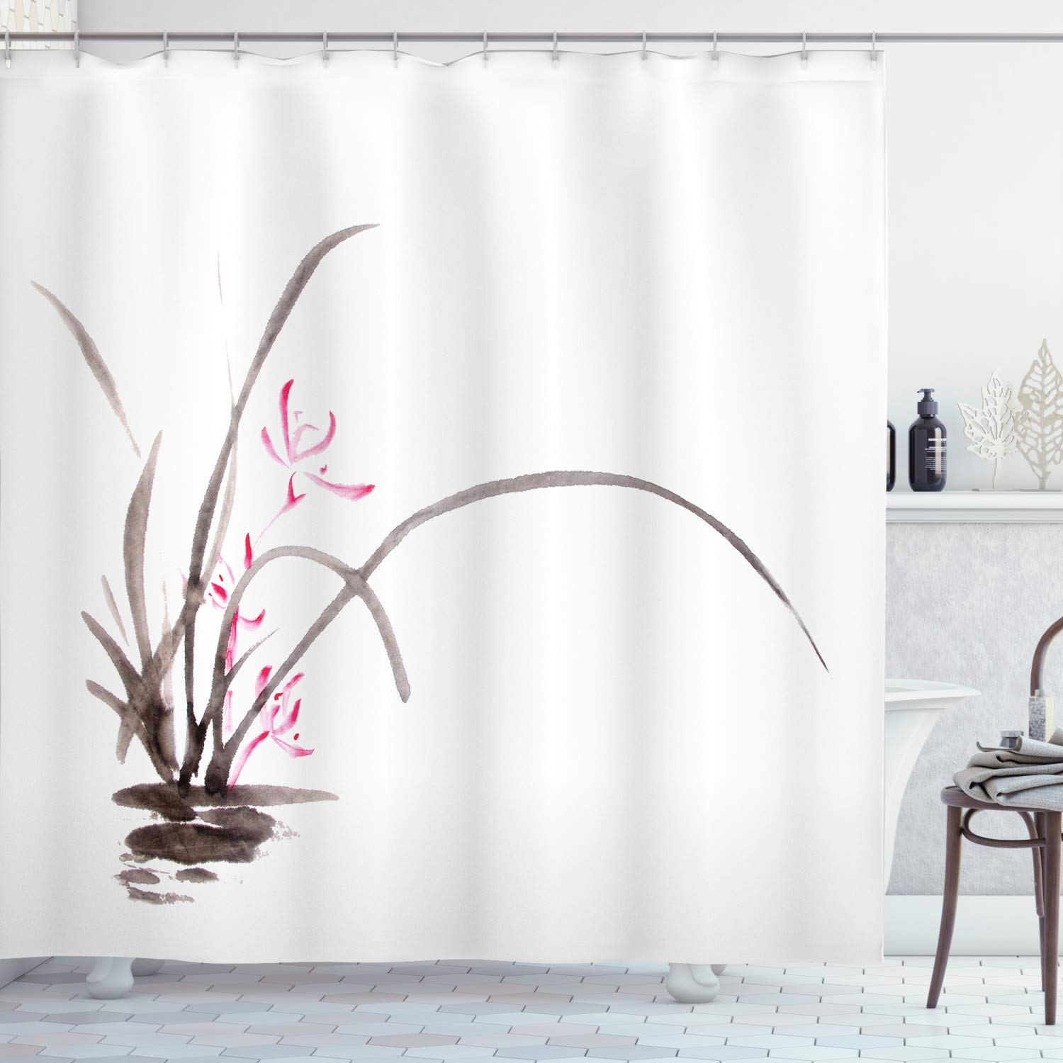 Ambesonne Art Shower Curtain, Traditional Ink Orchid Flower Drawing Oriental Chinese Effects Themed Watercolor, Cloth Fabric Bathroom Decor Set with Hooks, 69" W x 70" L, Brown and Pink