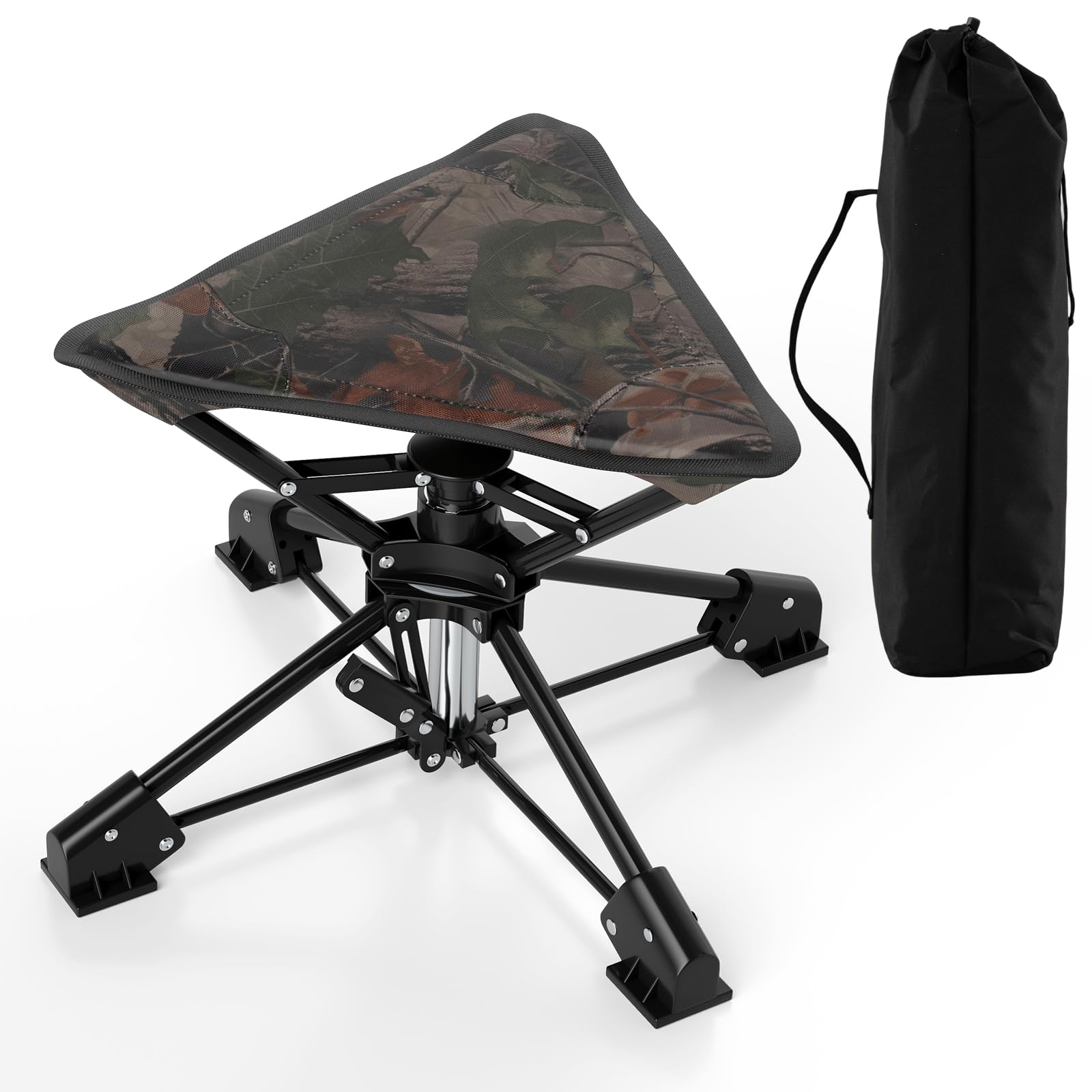 TANGZON Folding Camping Stool, 360° Swivel Portable Tripod Seat with Anti-Sink Feet & Carrying Bag, Outdoor Lightweight Hunting Chair for Fishing, Hunting, Picnic (1, Camouflage)