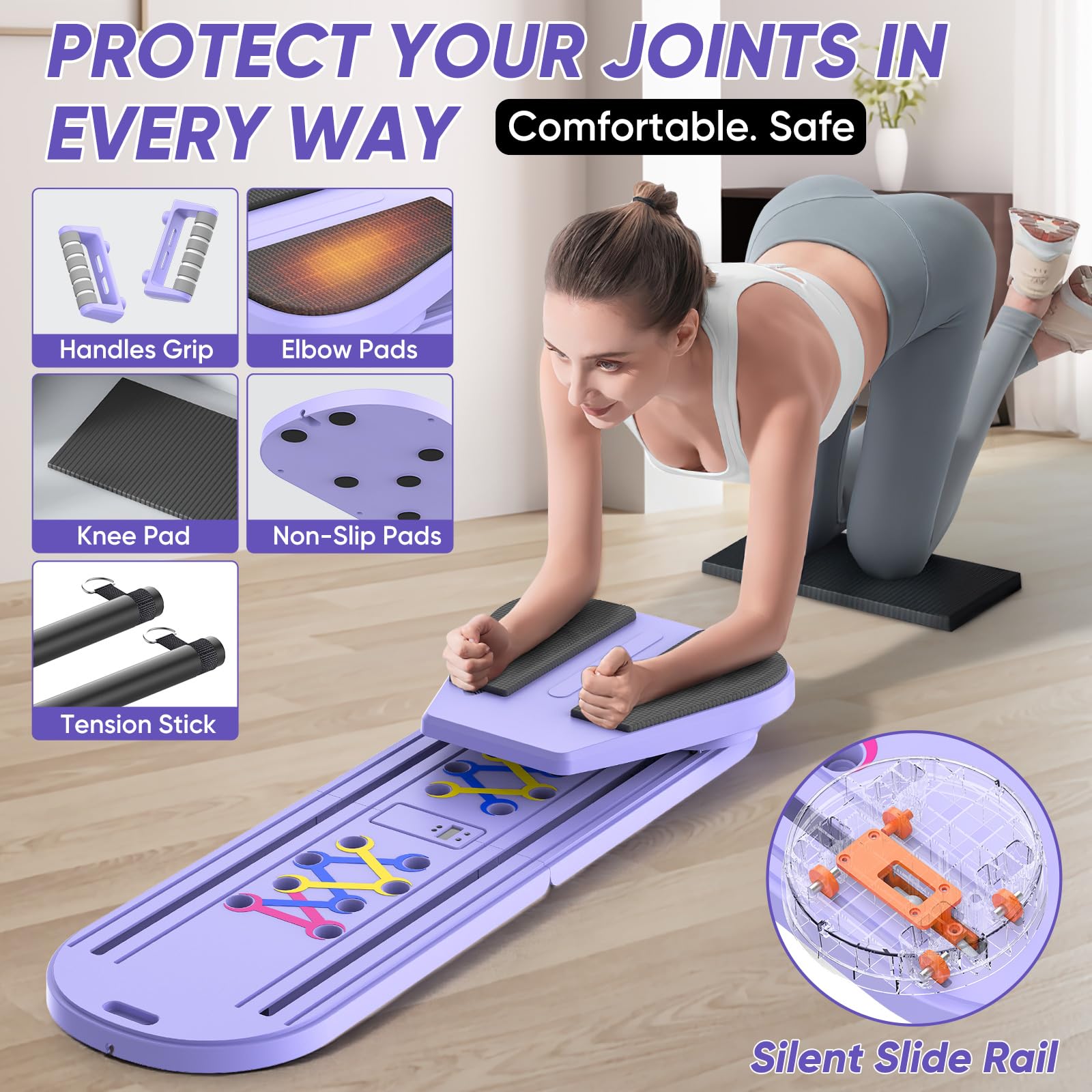 Mini Reformador de Pilates 6 en 1 con Contador Inteligente, Pilates Board con Bandas de Resistencia, Rodillo de Rebote Automático, Tabla Abdominal Plegable