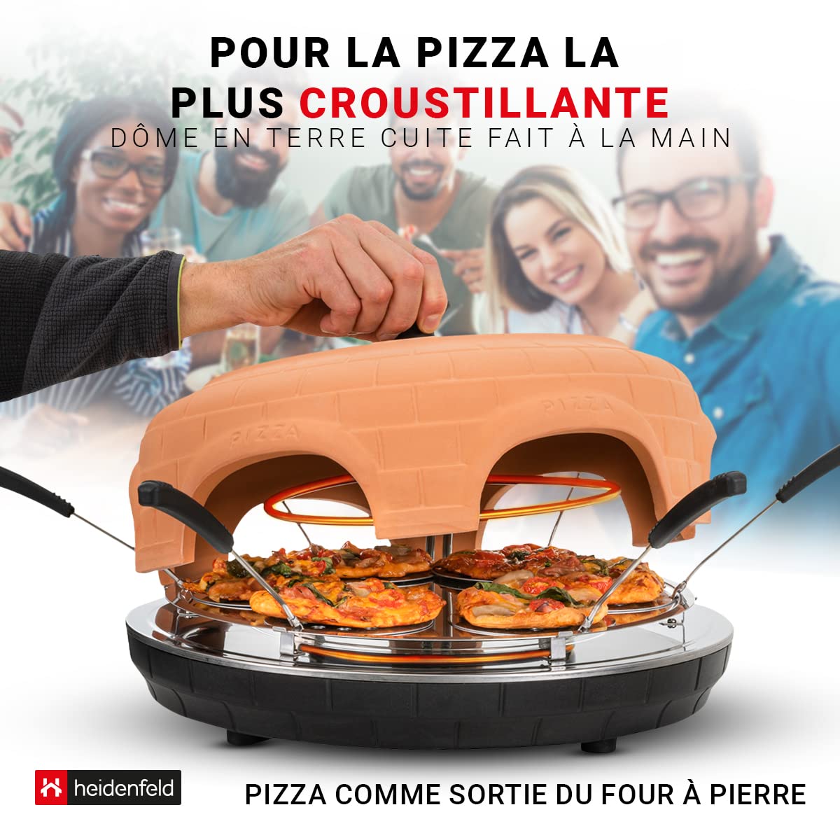 Heidenfeld Four à pizza Pizzachef 1000 Watt électrique avec toit en terre cuite pour 6 personnes