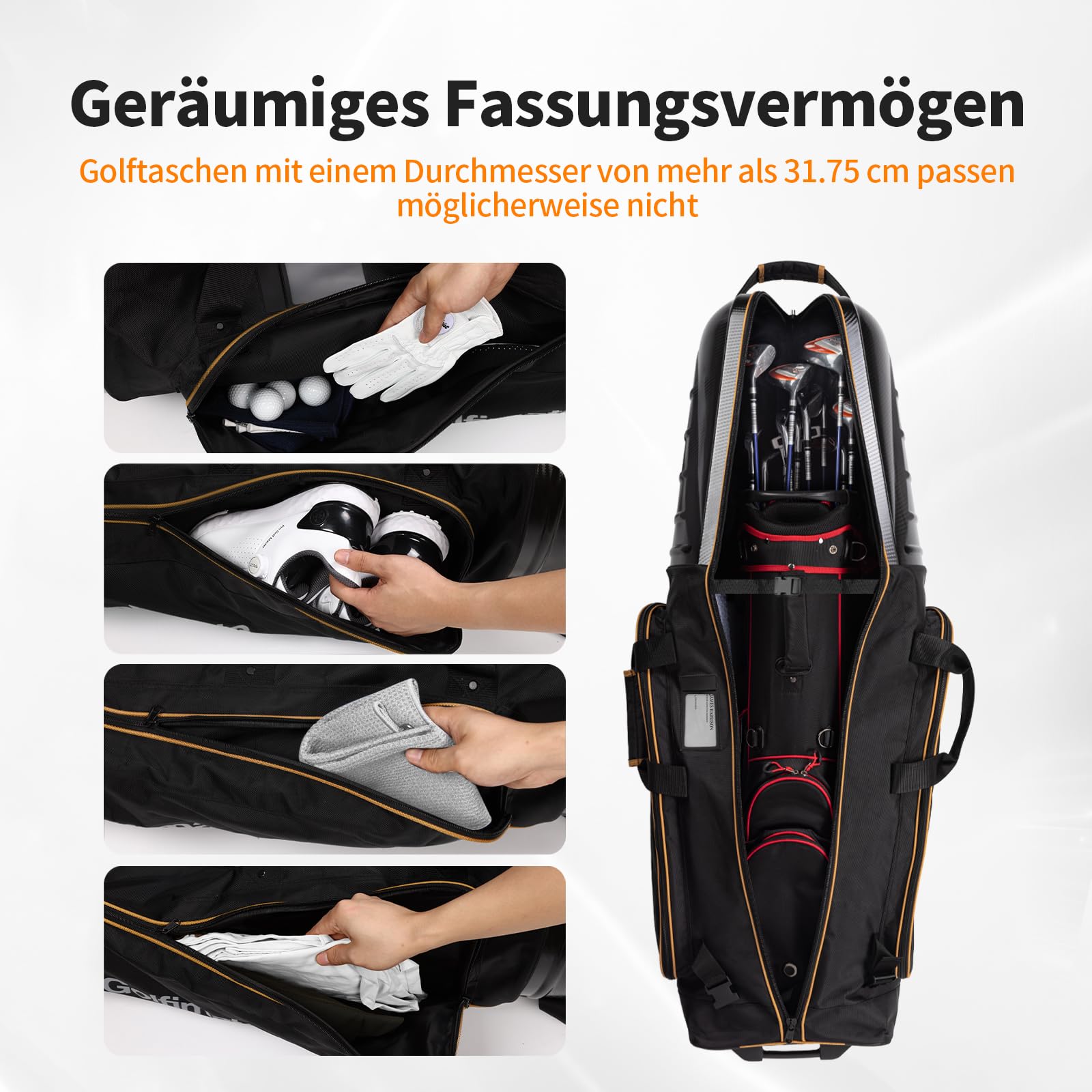 Golf Travel Bag mit Rädern, Golf-Reisetasche aus Kohlefaser, Golfbag Herren | 1680D Oxford-Gewebe Wasserdichte Flüge und Hartem Kopfteil, Schutz für Schläger, Tragbar und Leicht, strapazierfähige