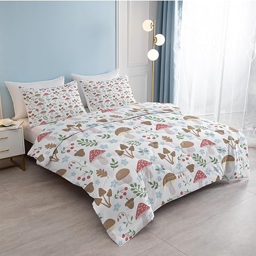 Miniatura 3 de SOULZZZ Juego de edredón de hongos florales tamaño Queen, edredón de hongos fresa, cereza roja, flores azules, especies salvajes, juego de ropa de