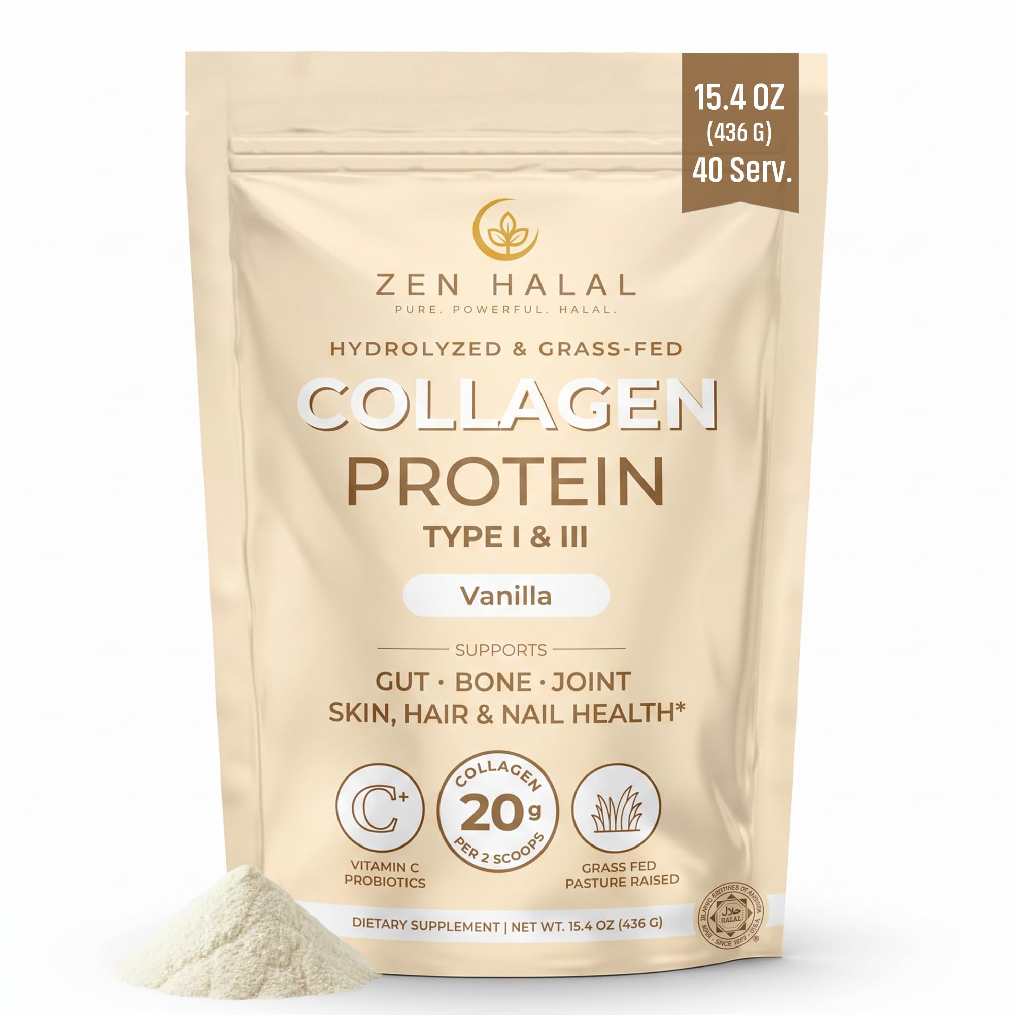 Hydrolyzed Collagen Peptides Powder, Vanilla, 40 Servings, 15.4oz