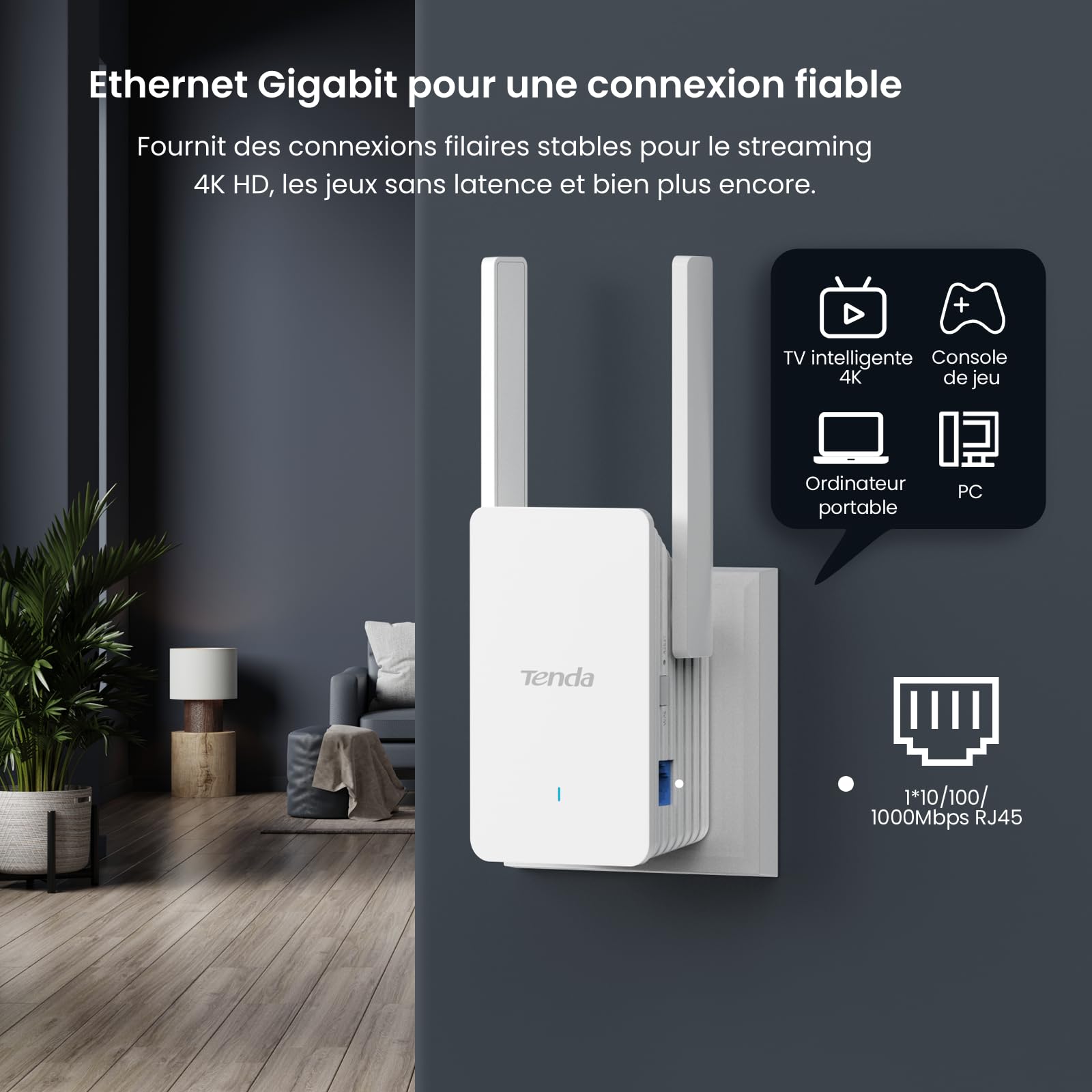 Tenda Répéteur WiFi 6 A33, Amplificateur WiFi AX3000 Mbps, Couvre jusqu'à 150 m², Compatible avec Les Routeurs, Mode AP, WPS, Voyant LED Intelligent