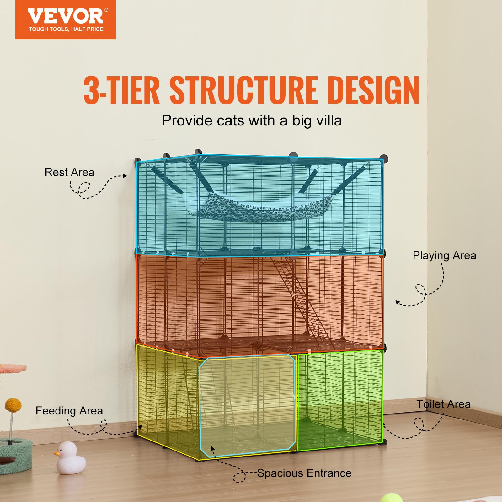 VEVOR Jaula Grande para Gatos de 3 Niveles 711 x 711 x 1041 mm, Recinto Duradero con Alambre de Metal Desmontable con Hamaca Grande y 2 Escaleras con Rampa para Gatos y Otros Animales Pequeños, Negro