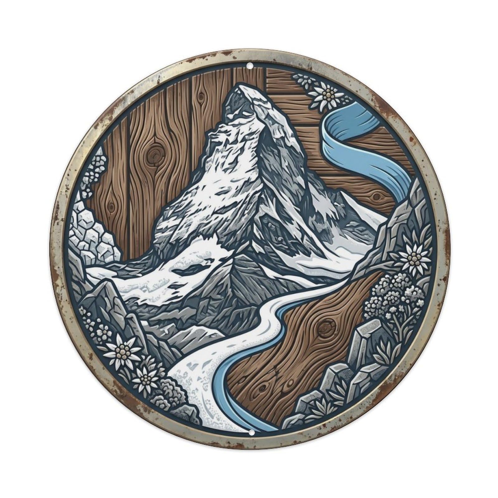 Matterhorn Macro Lodge Travel Metal Tin Sign Plaque Wall Decor for Cafe, Club Bar, Office, Home Garden Round Metal Poster 8x8Inch