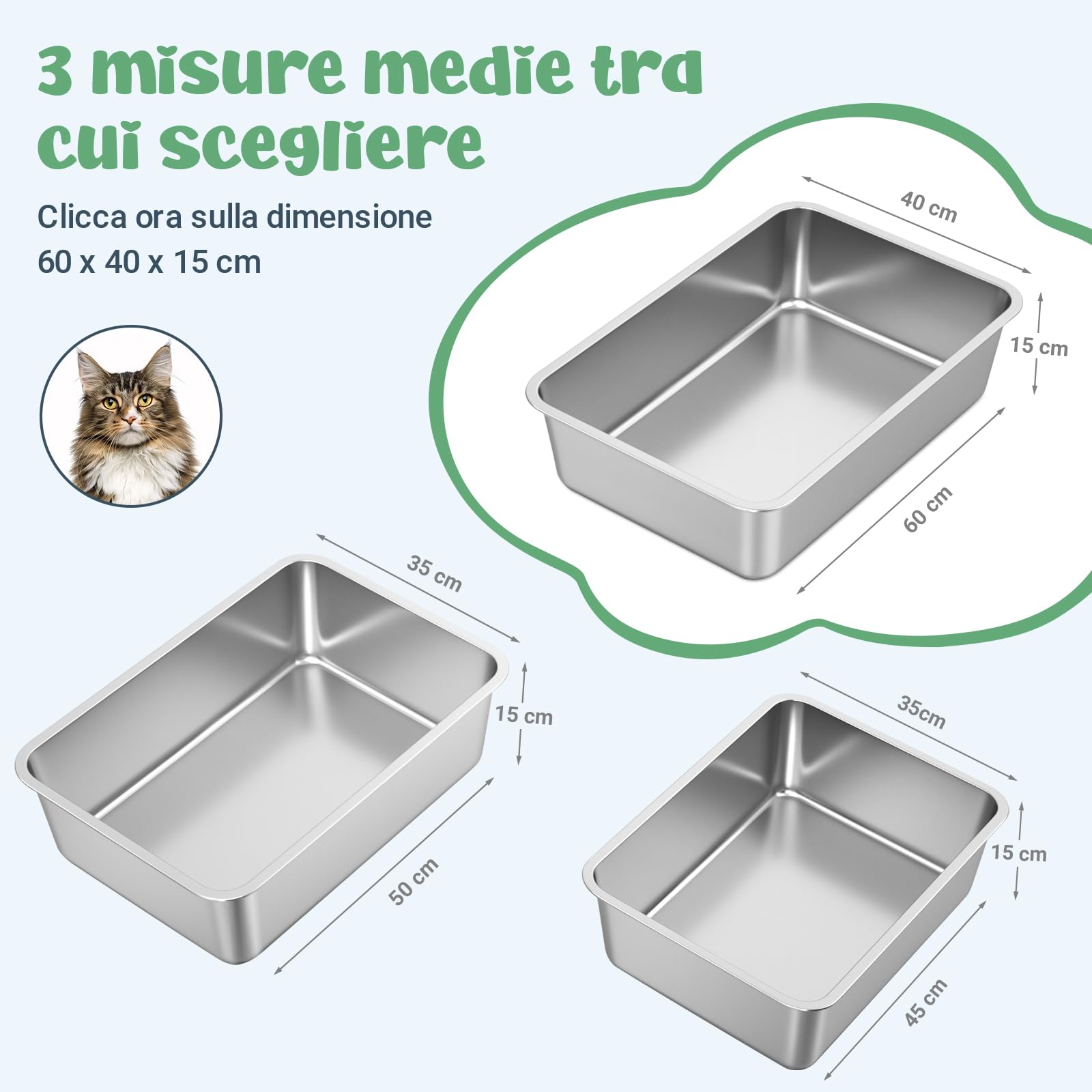 WENBOKMIN Vaschetta per lettiera in acciaio inossidabile,60 x 40 x 15 cm | La lettiera metallica per gatti ha una superficie liscia e antiaderente, è facile da pulire e di lunga durata.