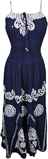 Mogul Interior Womens Strappy Blue Maxi Dress Batik Embroidered Boho Sexy Sundress S/M