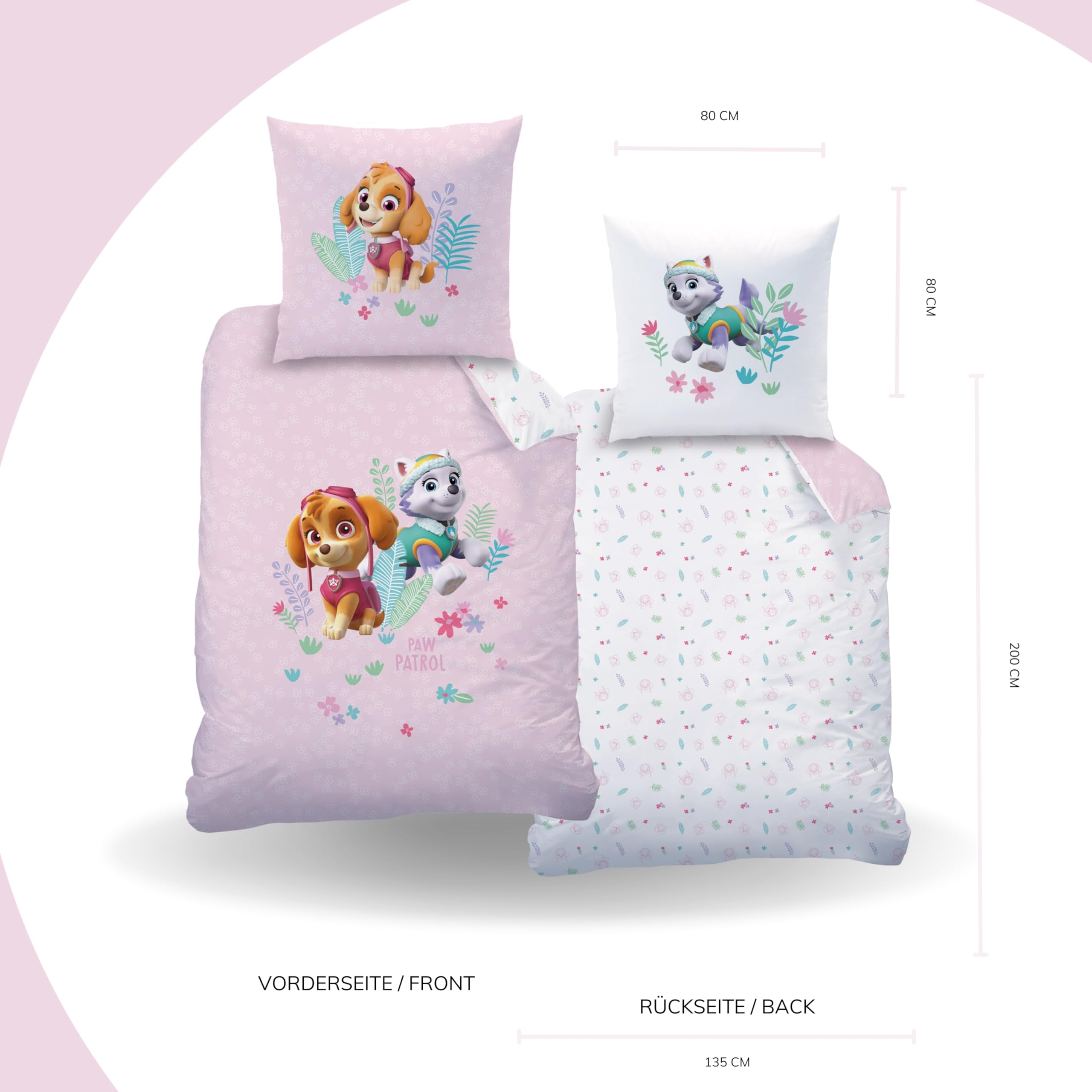 Bettwäsche 135x200 Flanell, Biber Paw Patrol Skye & Everest kuschelig weich für Herbst & Winter, 1x Kissenbezug 80x80 + Bettbezug 135x200, 100% Baumwolle, Mädchenbettwäsche