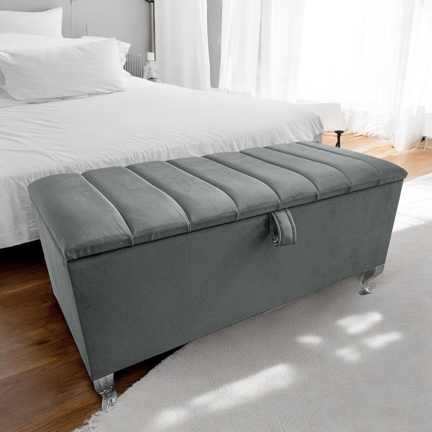 Harveys Living 102cm Panel Velvet Storage Ottoman, Silver Legs, Silver Legs, Steel