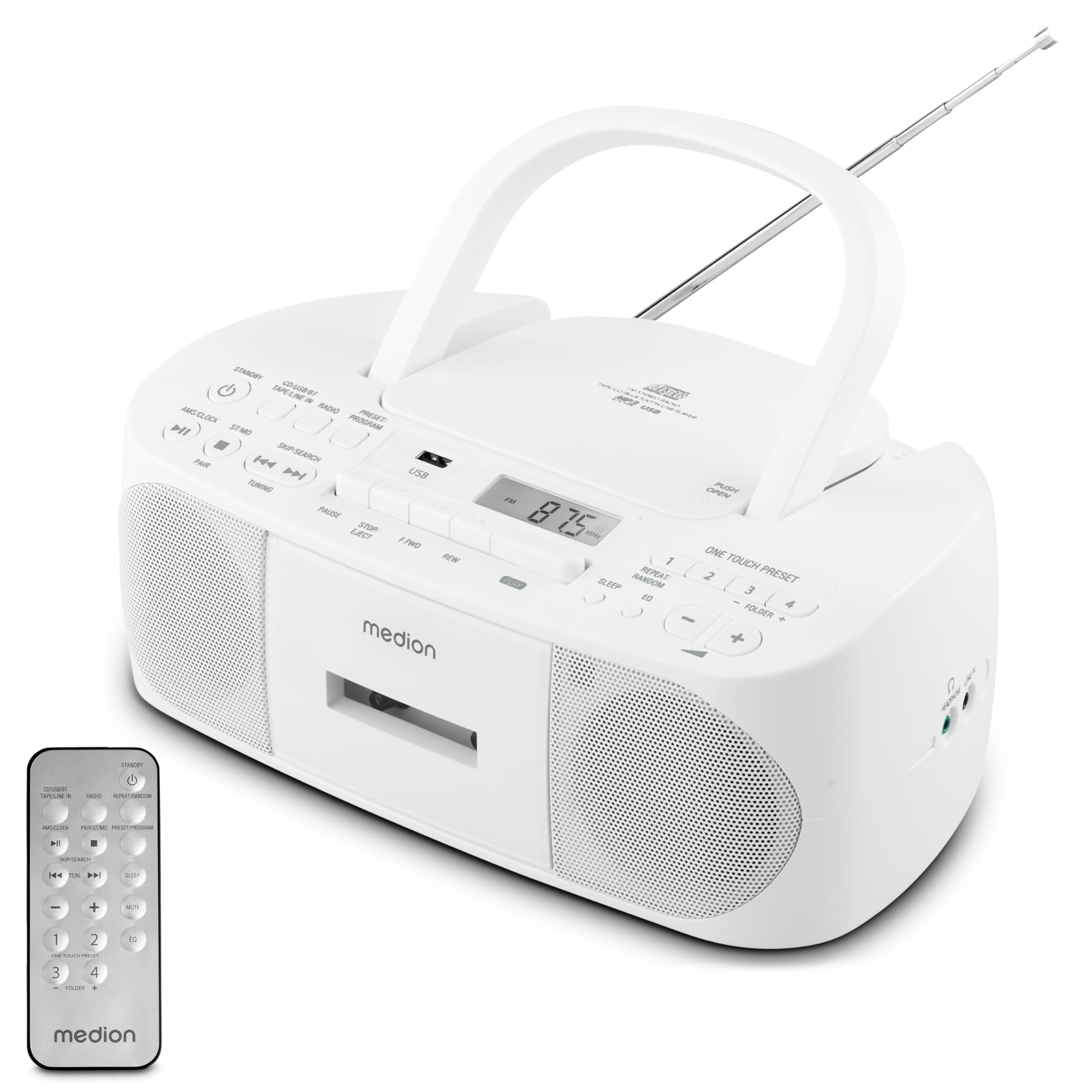 MEDION E65010 Radio estéreo (Reproductor de CD, Casete, conexión USB, Entrada de Audio AUX, reproducción de MP3, Radio FM PLL, Memoria de 40 emisoras, Funcionamiento con Pilas