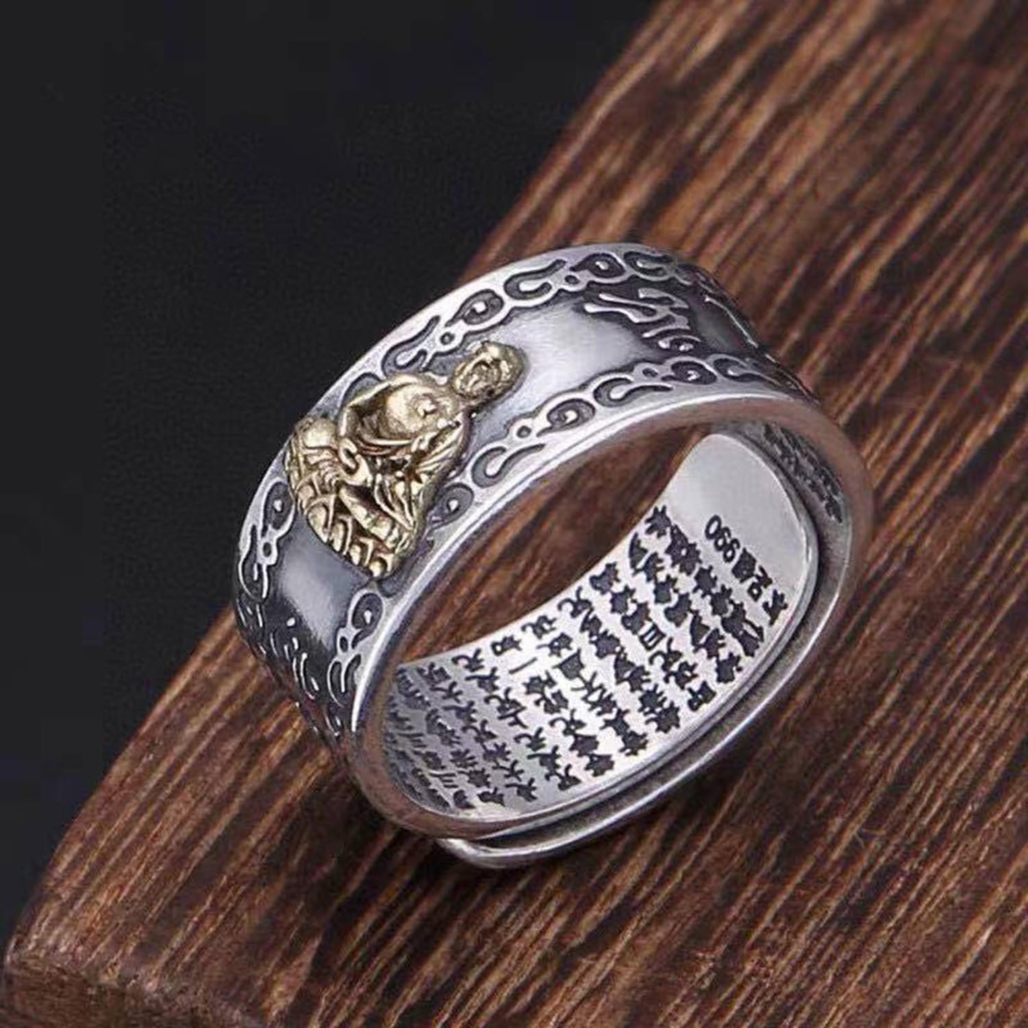 Anello Mantra Buddha argento sterling 990 Anelli Feng Shui ricchezza Gioielli religiosi buddisti fortunati Anello aperto regolabile