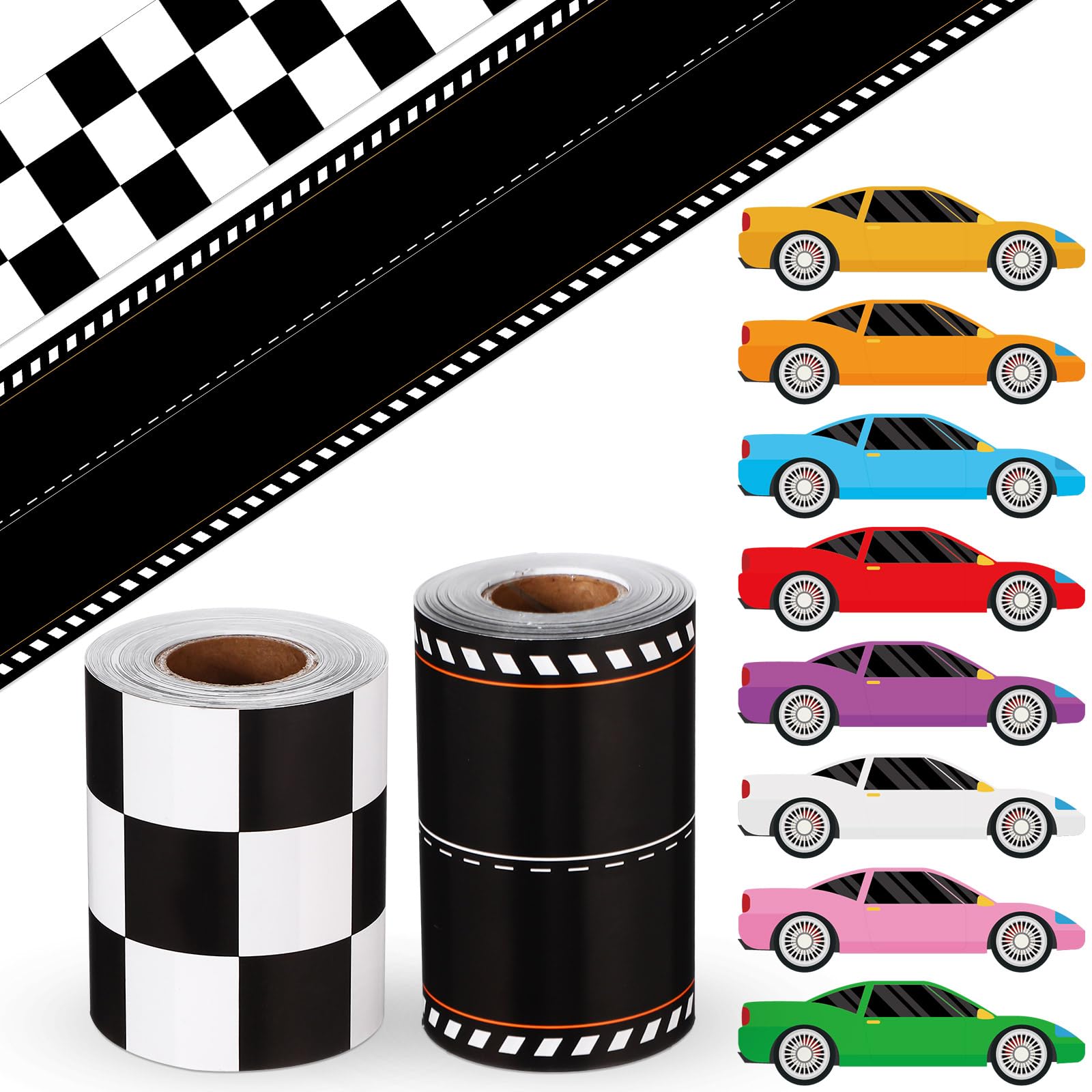 Mooliwe Racing Car Theme Bulletin Board Border Set 2 Race Track Border, 24 Car Stickers for Race Party Decoration Trim Racing Classroom Decoration(