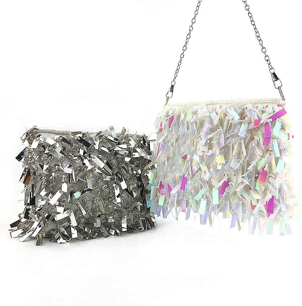 RajoNN Damen-Abendhandtaschen, Clutch-Tasche, Damen-Pailletten-Umhängetasche, kleine Umhängetasche, Kettentasche, Hochzeit, Party, Disco (Silber) (weiß)