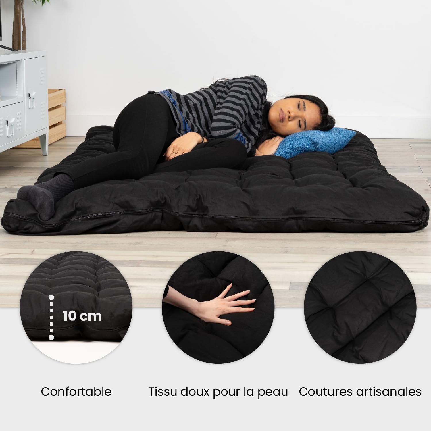 MEUBLE COSY Futon Portatile Pieghevole a 2 posti, Materasso 135 x 190 x 10 cm, Nero