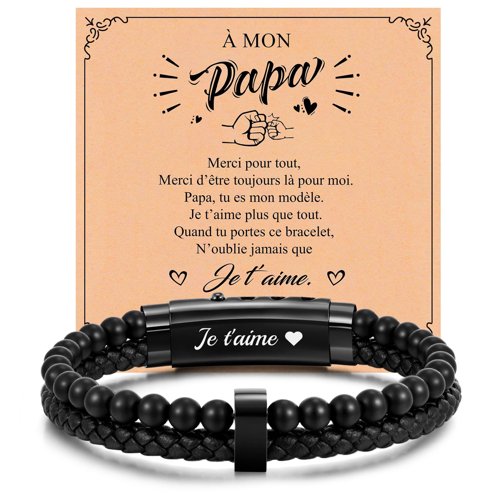 Bracelet Cuir Homme Gravé "Je T'aime" - Cadeau Fête Des Pères Idéal Papa, Mari Ou Grand-Père