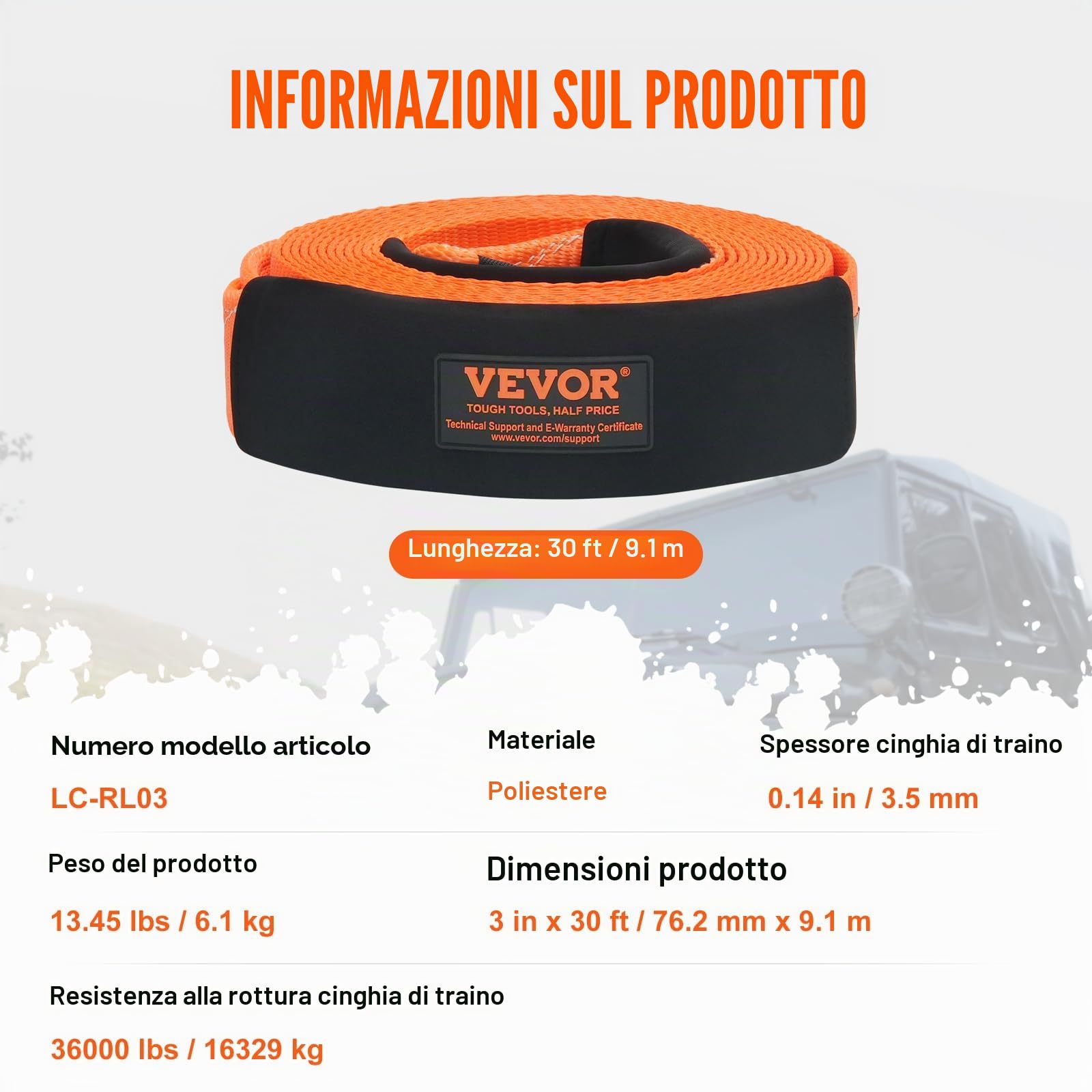 VEVOR Kit di Recupero Cinghia da Traino in Poliestere Resistente, Fune per Verricello da 76,2 mm x 9,1 m, 16329 kg, Tripla Fibbia Rinforzata, Cinghia a Strappo, Ricevitore con Gancio a Grillo 50 mm