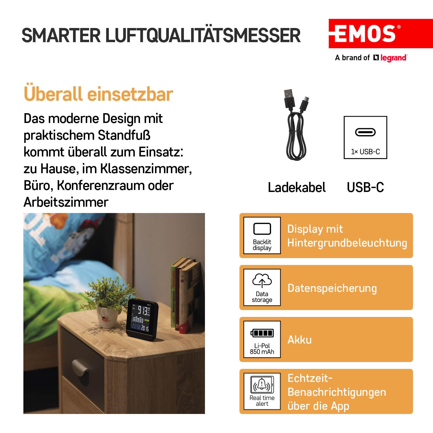 EMOS GoSmart - Smart Home Luftqualitätsmonitor mit App - WiFi - Farbdisplay - CO2 Messgerät - Temperatur und Feuchtigkeitssensor - USB-C Stromversorgung - TUYA, SmartLife kompatibel - schwarz