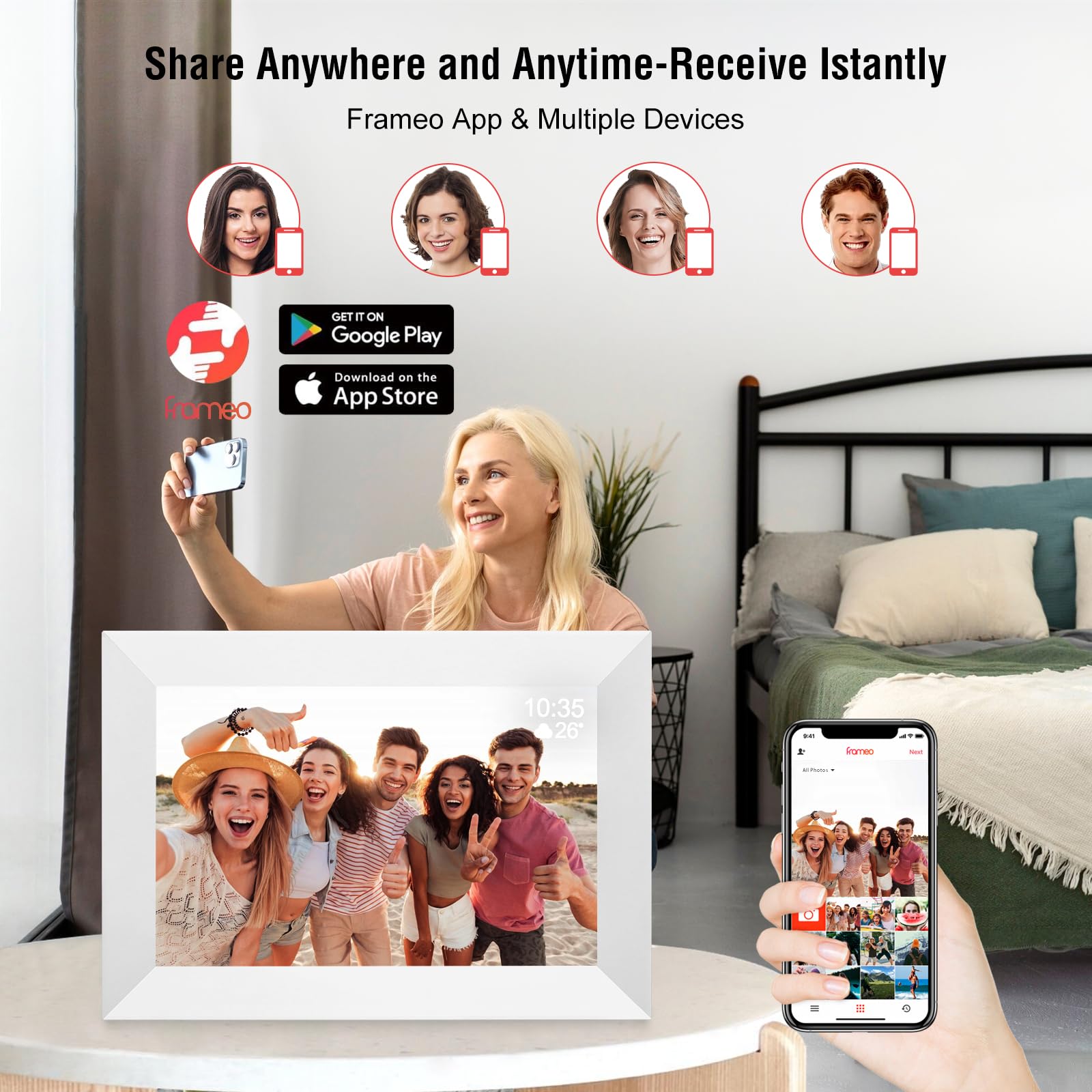 Cornice digitale WiFi da 10,1 pollici, display HD touch screen IPS 1280 x 800, cornice digitale intelligente integrata da 32 GB di memoria, rotazione automatica, condividi foto e video tramite l'app