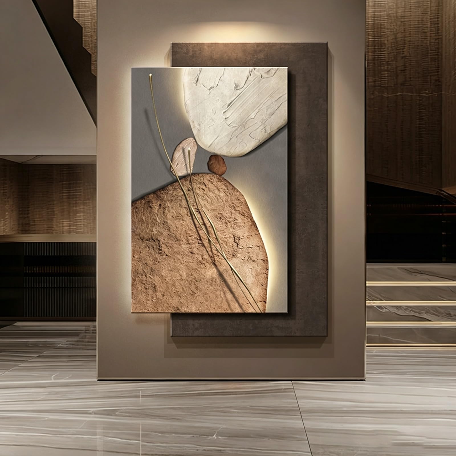 Decoración Mural 3D de Arenisca con diseño de iluminación LED, alimentación Mediante Enchufe, Ideal para salón, Dormitorio, Entrada, hoteles y pasillos | C,60*80cm/23.6*31.5in