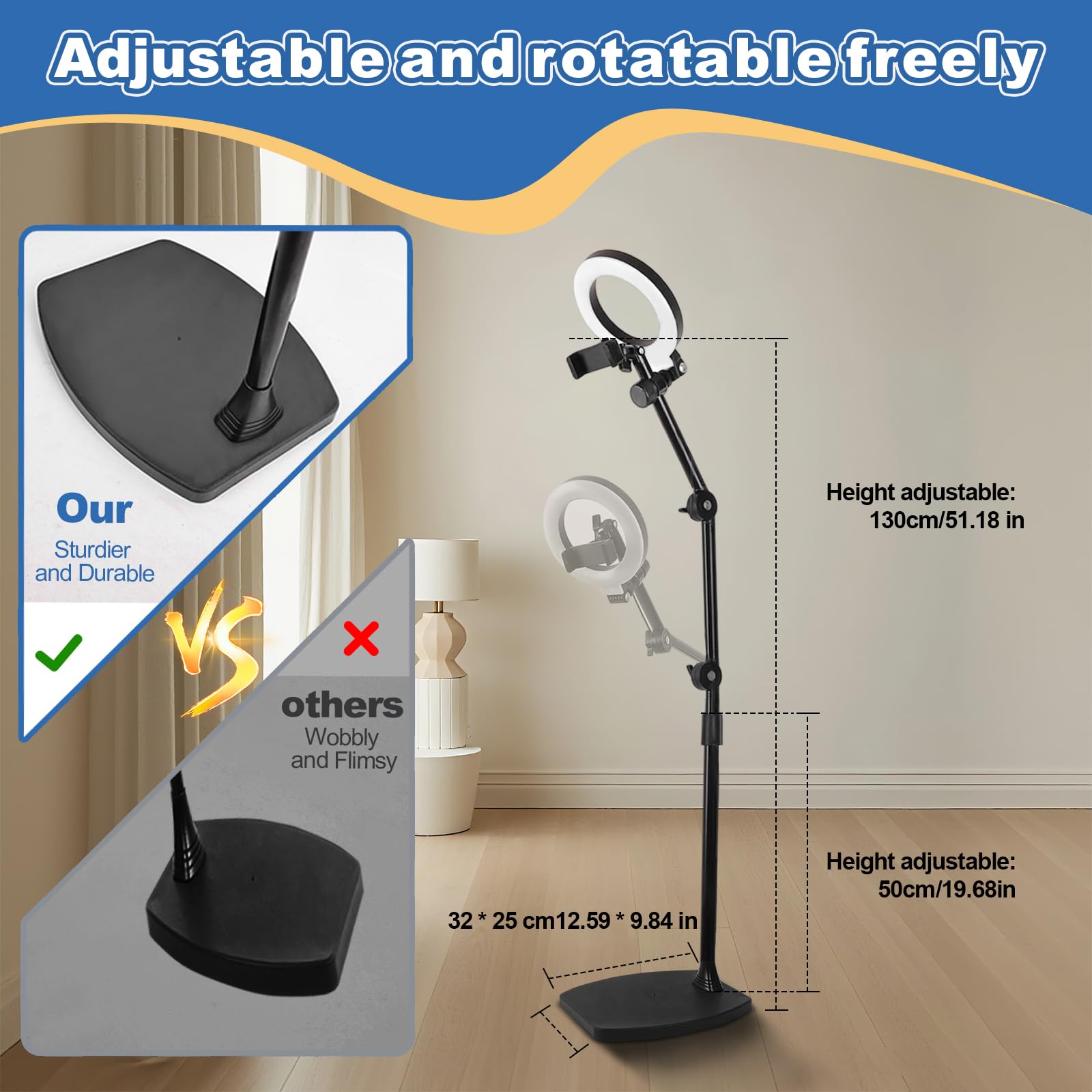 Hivexagon Support de téléphone de bureau suspendu avec anneau lumineux de 15 cm et base lestée, hauteur réglable de 50 à 130 cm, pour enregistrement vidéo, photographie, maquillage,diffusion en direct