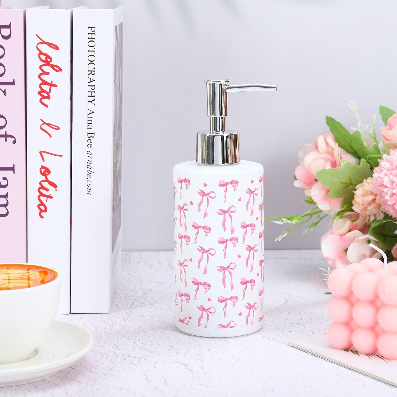 Pink Bow Soap Dispenser Refillable Soap Container Watercolor Bow Mini Heart Glass Soap Dispenser with Pump for Bathroom Kitchen Countertop Decor - Image 3
