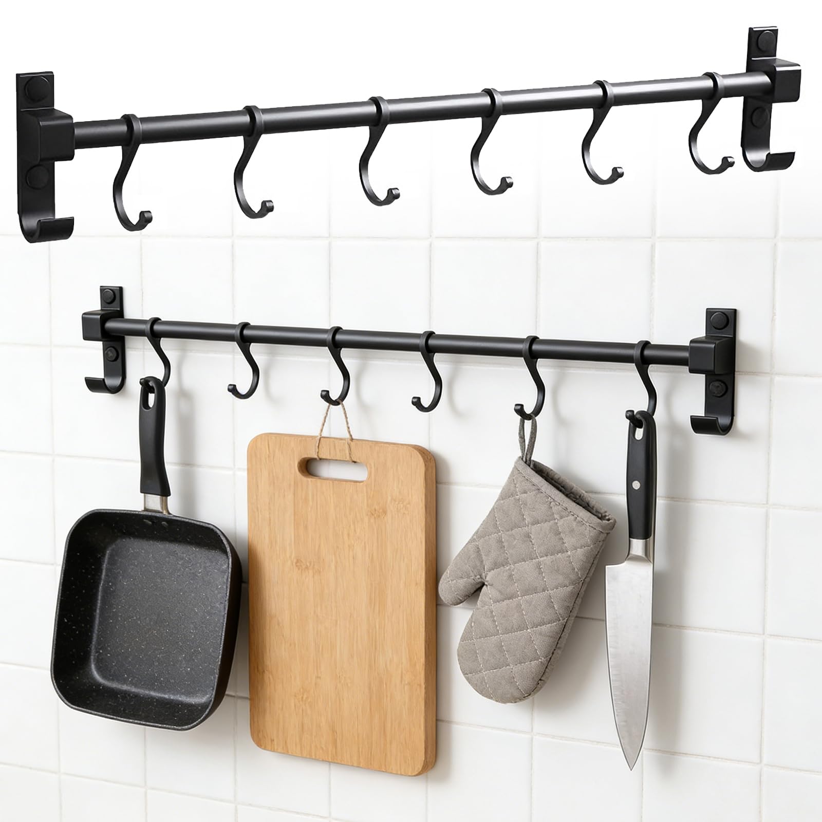 Zyekiu Black Kitchen Utensil Rack, 40Cm Hanging Rail With 6 Sliding Hooks For Utensils, Wall Mounted Strong Space Saving Storage, Durable Holder For Home Chef Cooking Tools And Bathroom Accessories