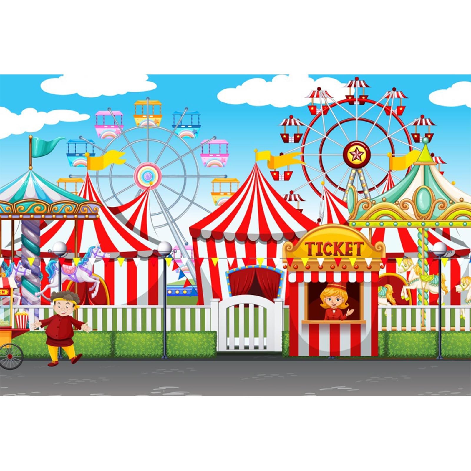 YongFoto 3,5x2,5m Toile de Fond Cirque Fête foraine Cour récréation des tentes Billetterie Carrousel Grande Roue Fond Studio Bannière Photo Party vidéo Enfant Photobooth Accessoires Photographie