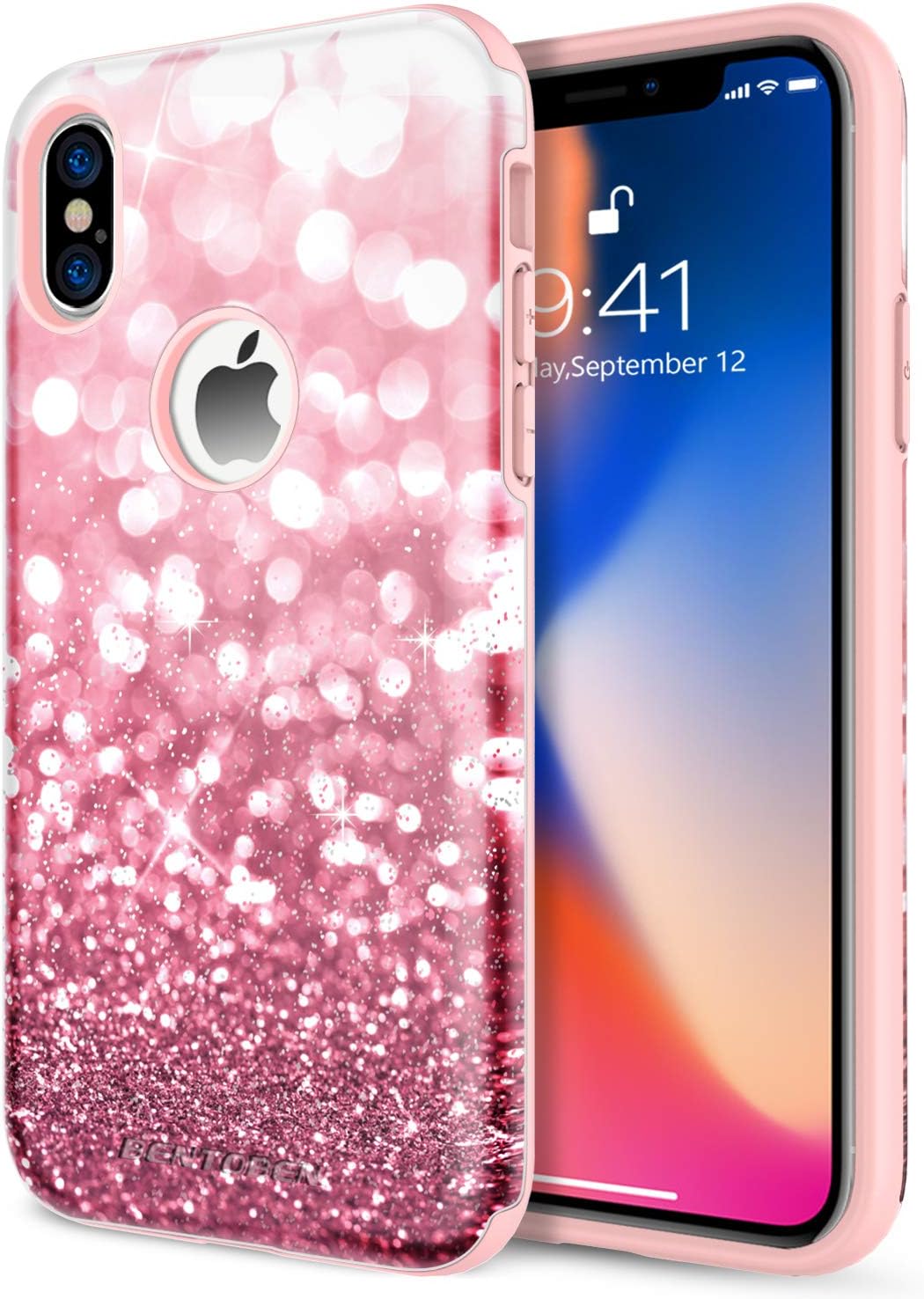 BENTOBEN Glitter Bling Girl Women Cover Dual Layer Heavy Duty Protective Shockproof Rugged Bumper Phone Case Cover for iPhone XS 2018 / X 2017 (5.8 Inch) - Rose Gold