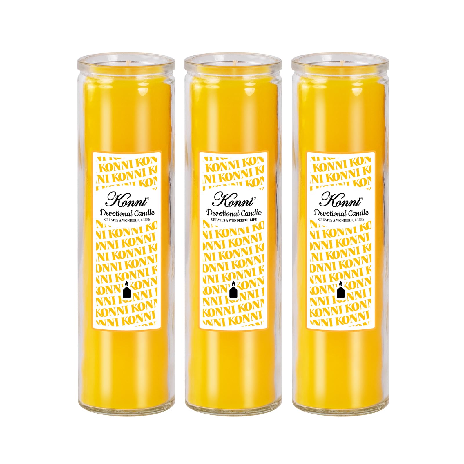 KONNI 2x8 Inch Yellow Pillar Candles in Glass Set of 3, Devotional Prayer Candle, Unscented Religious Candles, 105 Hours Emergency Long Burning, Ideal for Memorials, Vigil, Blessing
