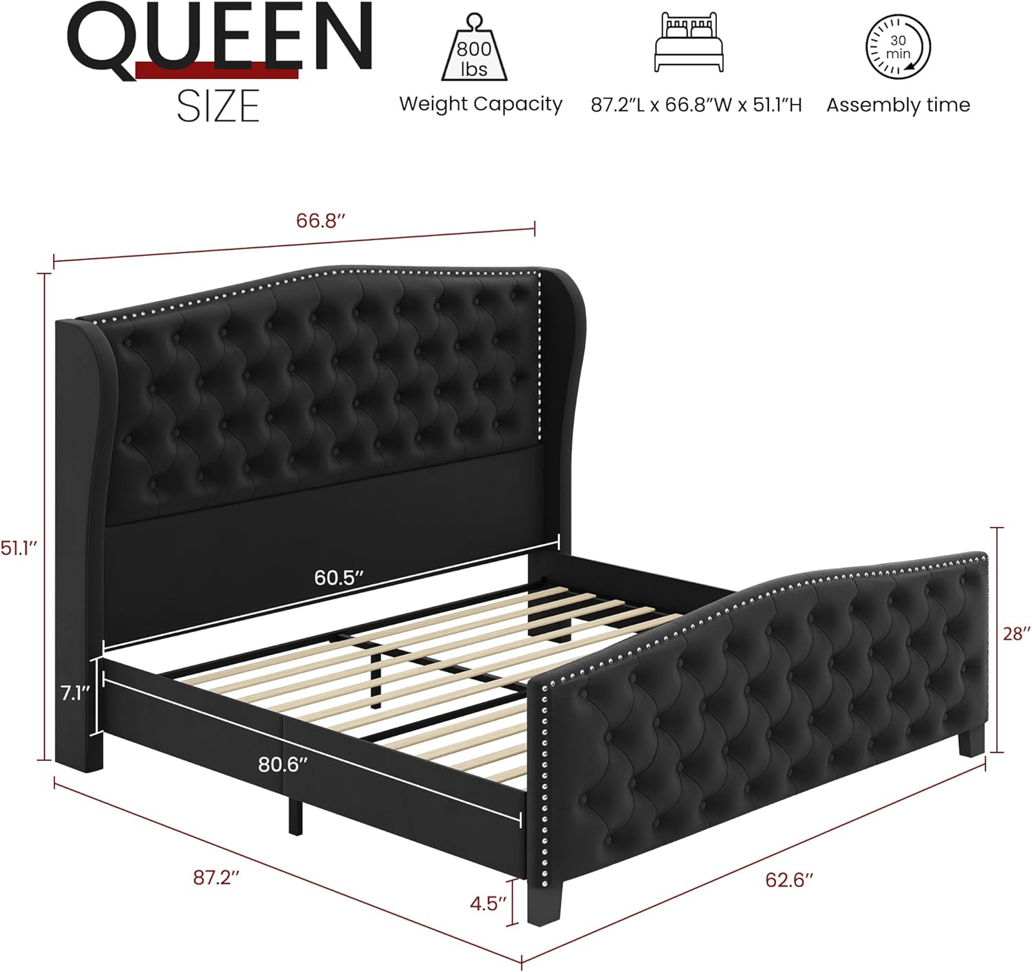 Upholstered Queen Size Bed Frame Velvet Black Tufted Platform Bed Frame with Wingback Headboard & Footboard, with Deep Button Tufted & Nailhead Wooden Slats Support, No Box Spring Needed