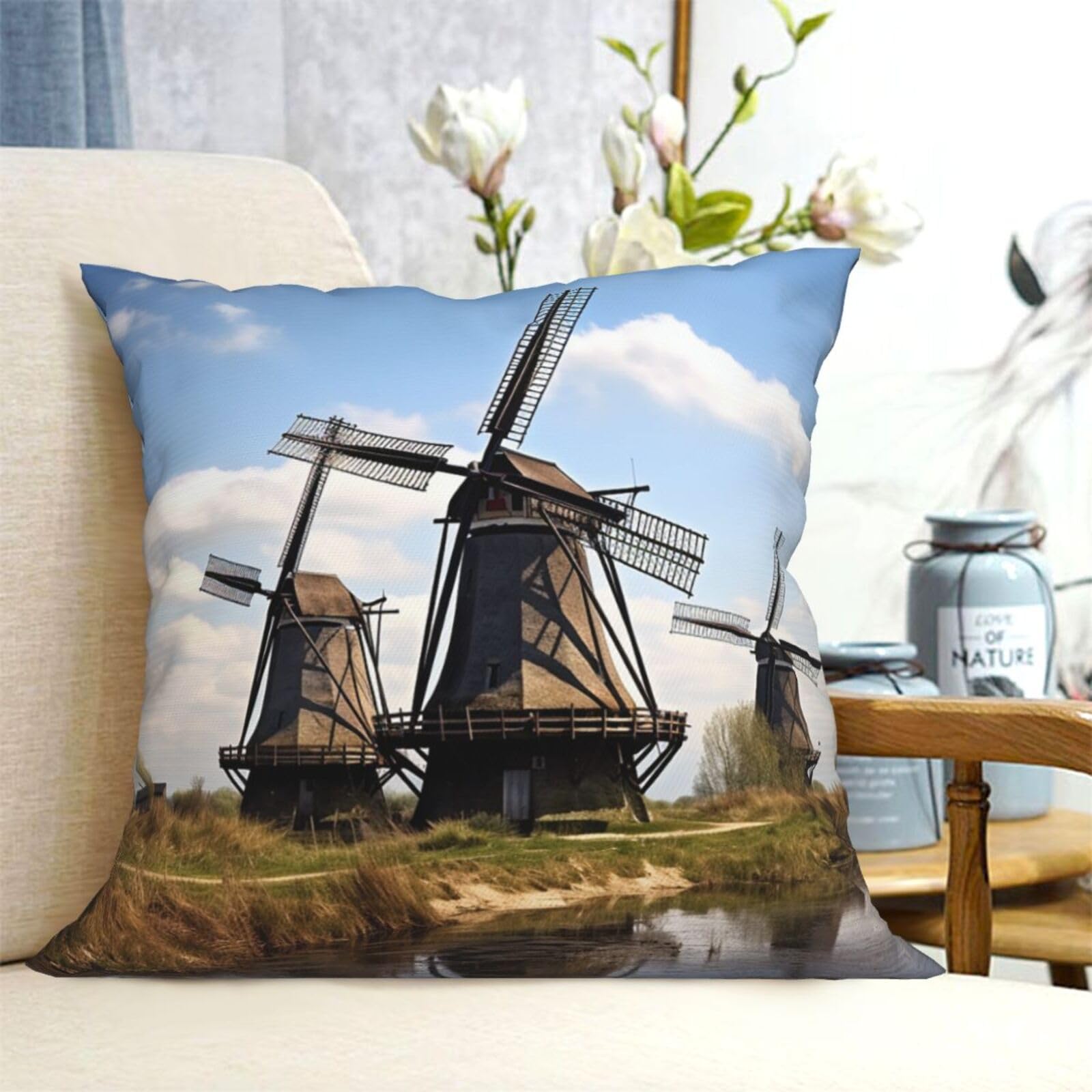 Fodpand Black Decorative Throw Pillow Covers 18"X18" Windmills Cushion Cases Square Modern Farmhouse Pillow Cases Soft Cozy Cushion Covers For Couch Sofa Bedroom Home Decor Pillowcase