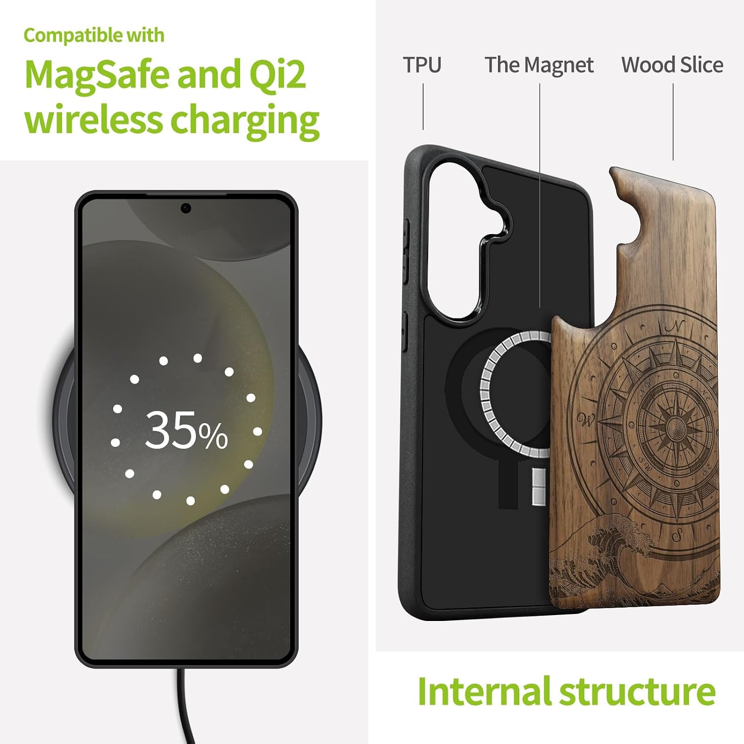 Carveit Magnetic Wooden Case for Samsung Galaxy S26 Case 2026, TPU Shockproof Cover & Wood Artisan Engraved, Compatible with MagSafe Wireless Chargers (The Compass and The Wave) Walnut