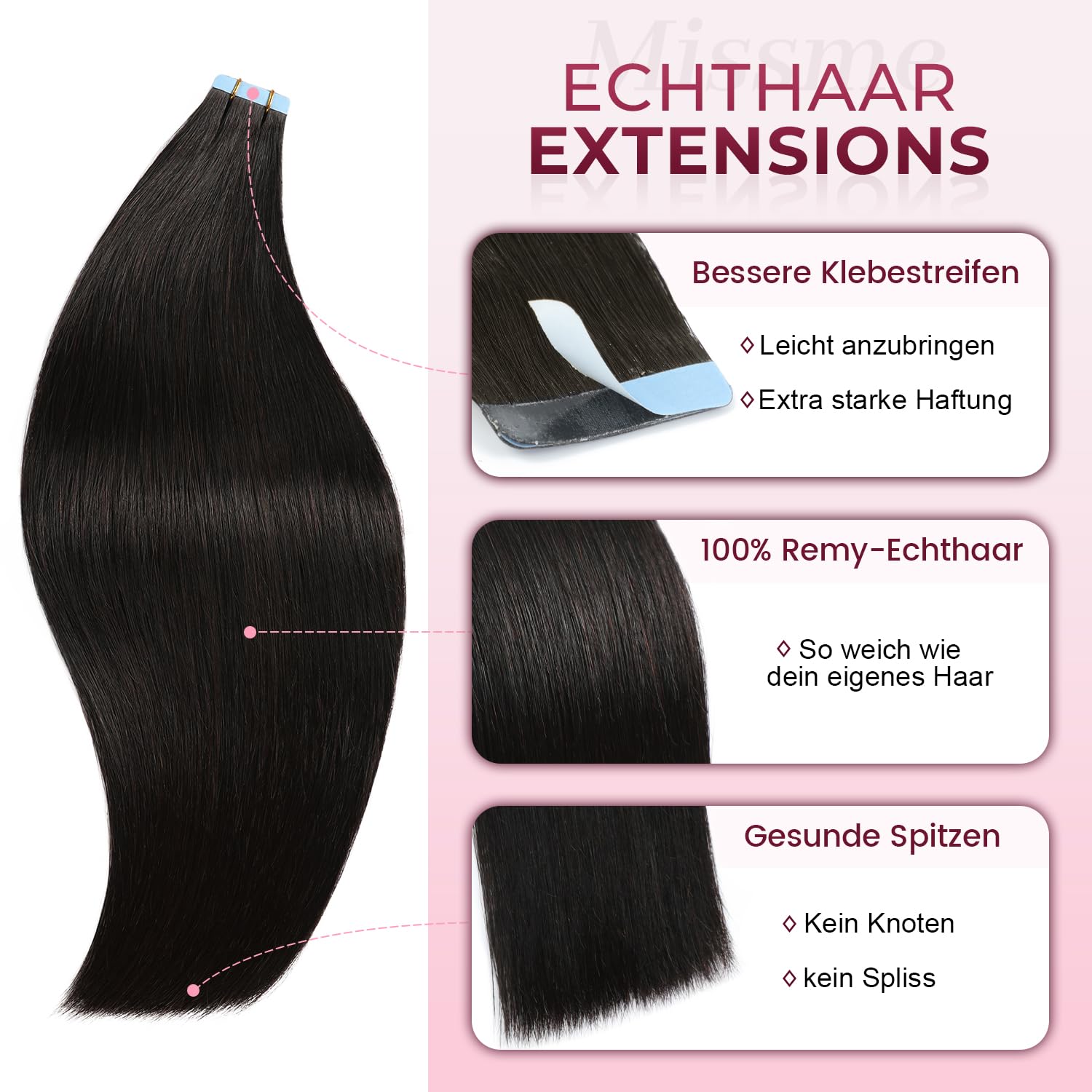 MissMe Tape in Hair Extensions Human Hair Invisible Tape Hair Extensions Remy Hair 16 inch 20pcs 40g/pack #1 Natural Black Straight for Women Seamless Silky - Image 2