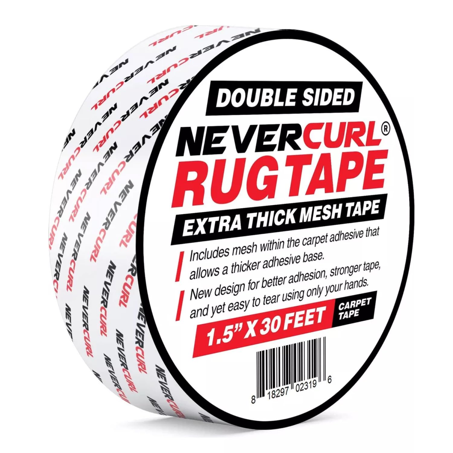 NeverCurl Double Sided Extra Thick Rug Tape with Mesh Fabric - 1.5" by 30 Feet Roll - Anti Slip Non Skid Gripper Tape for Rugs, Mats, Pads, Runners - Indoors Work Any Floor - Hardwood Tiles Laminates