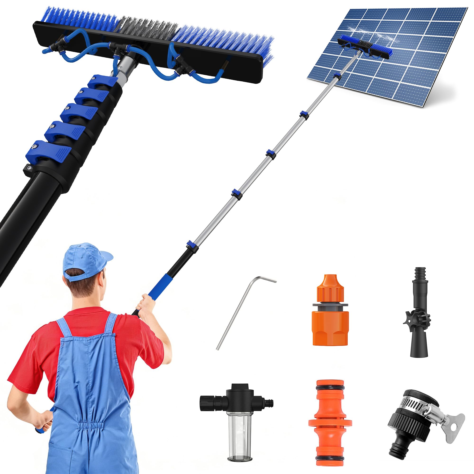 9M Reichweite Solarpanel-Reinigungsbürsten-Set, 1,5–7,2M Teleskopstange Mit Wasseranschluss & Dual-Action Verschluss, Für Schneeräumung, Fenster, Boote, Wohnmobile