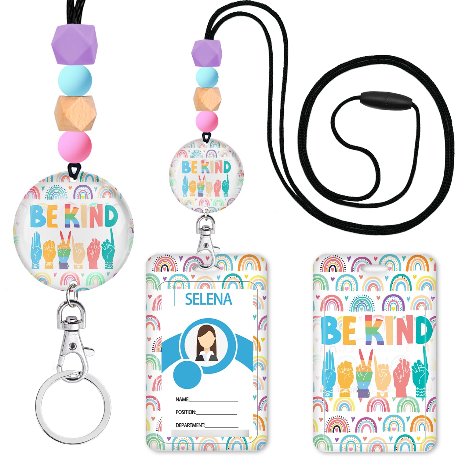 Teacher Lanyards for Id Badges and Keys, Rainbow Breakaway Lanyard Id Name Tag Badge Card Holder, Work Social Worker Women Nurse Gift, Silicone Bead