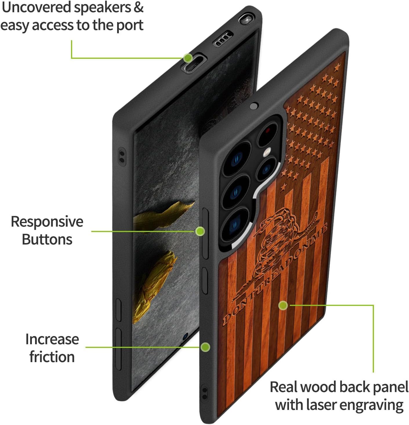 Carveit Wood Case for Galaxy S22 Ultra Case [Natural Wood & Soft TPU] Shockproof Protective Cover Wooden Design Compatible with Samsung S22 Ultra (Gadsden and American Flag-Rosy)