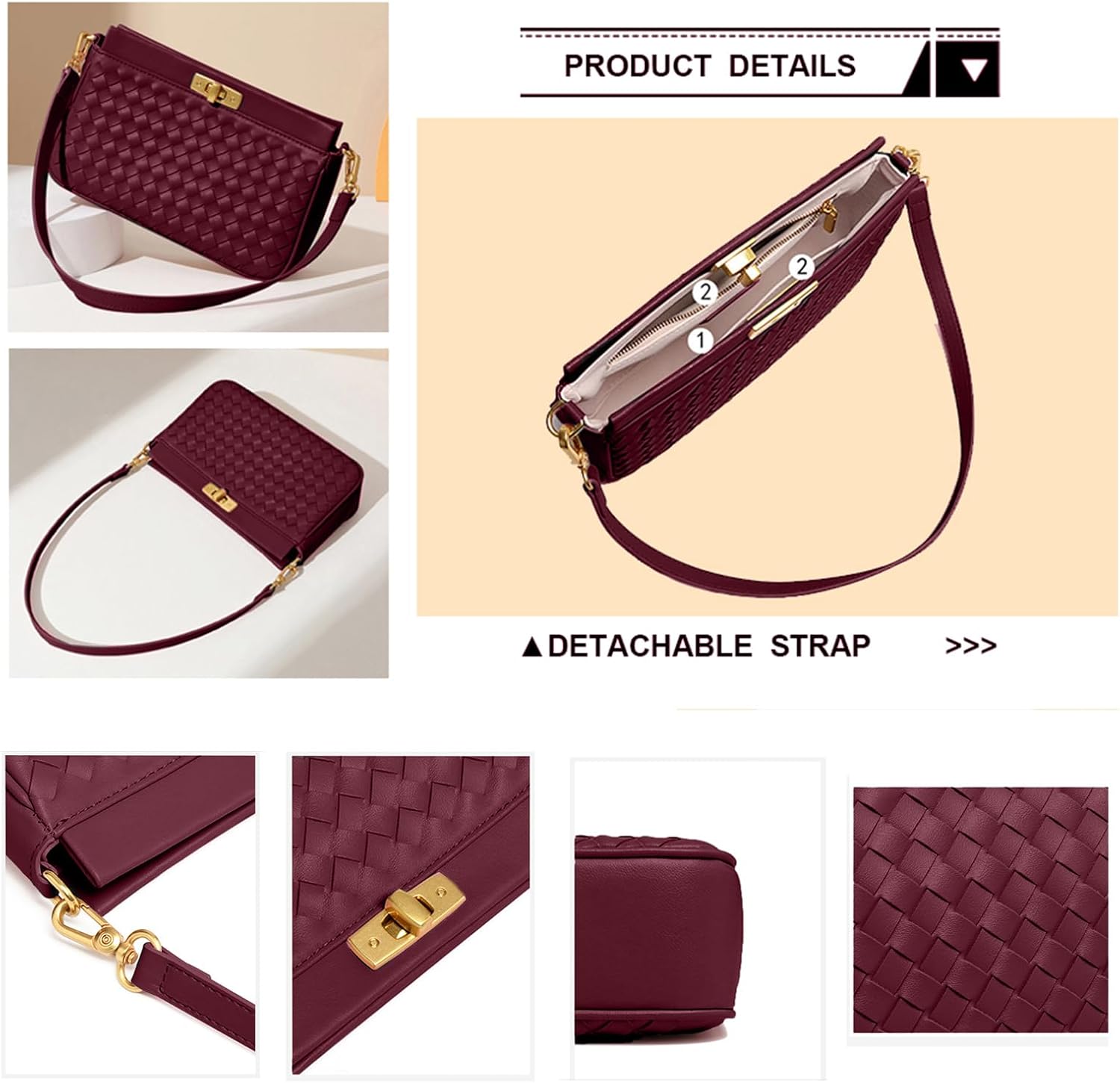 Shoulder Bag for Women Weave Lightweight Tote Bags Vegan Leather Handbags Handmade Cute Hobo Purse with Pocket (Burgundy) - Image 4